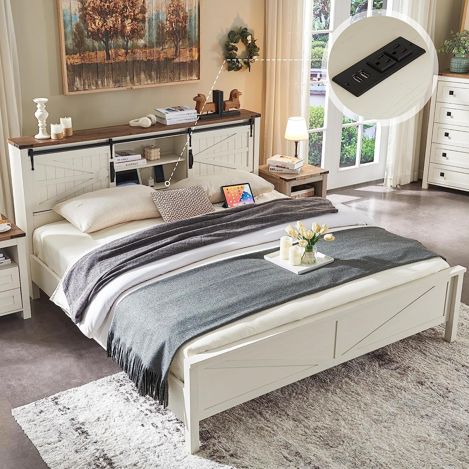 OKD Modern Farmhouse Full Platform Bed with Bookcase Headboard Storage and Charging Station, No Box Spring Needed, Anitique White Finish