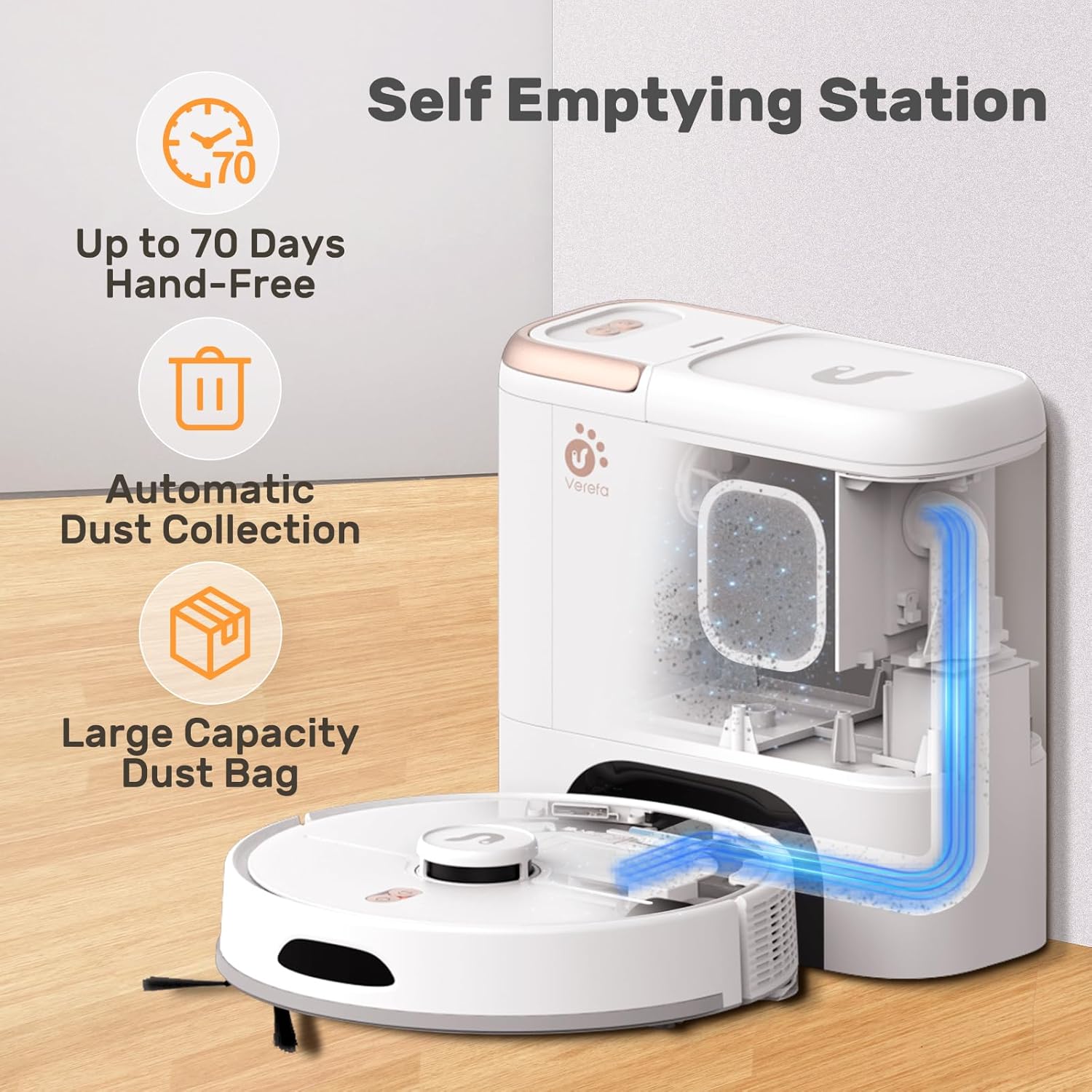 Verefa Self Emptying Robot Vacuum and Mop Combo, 5000Pa Suction, 70-Day Capacity, 260min Runtime, Lidar Navigation, Wi-Fi/App/Alexa Control, Robotic Vacuum Cleaner for Hard Floors, Carpets, Pet Hair