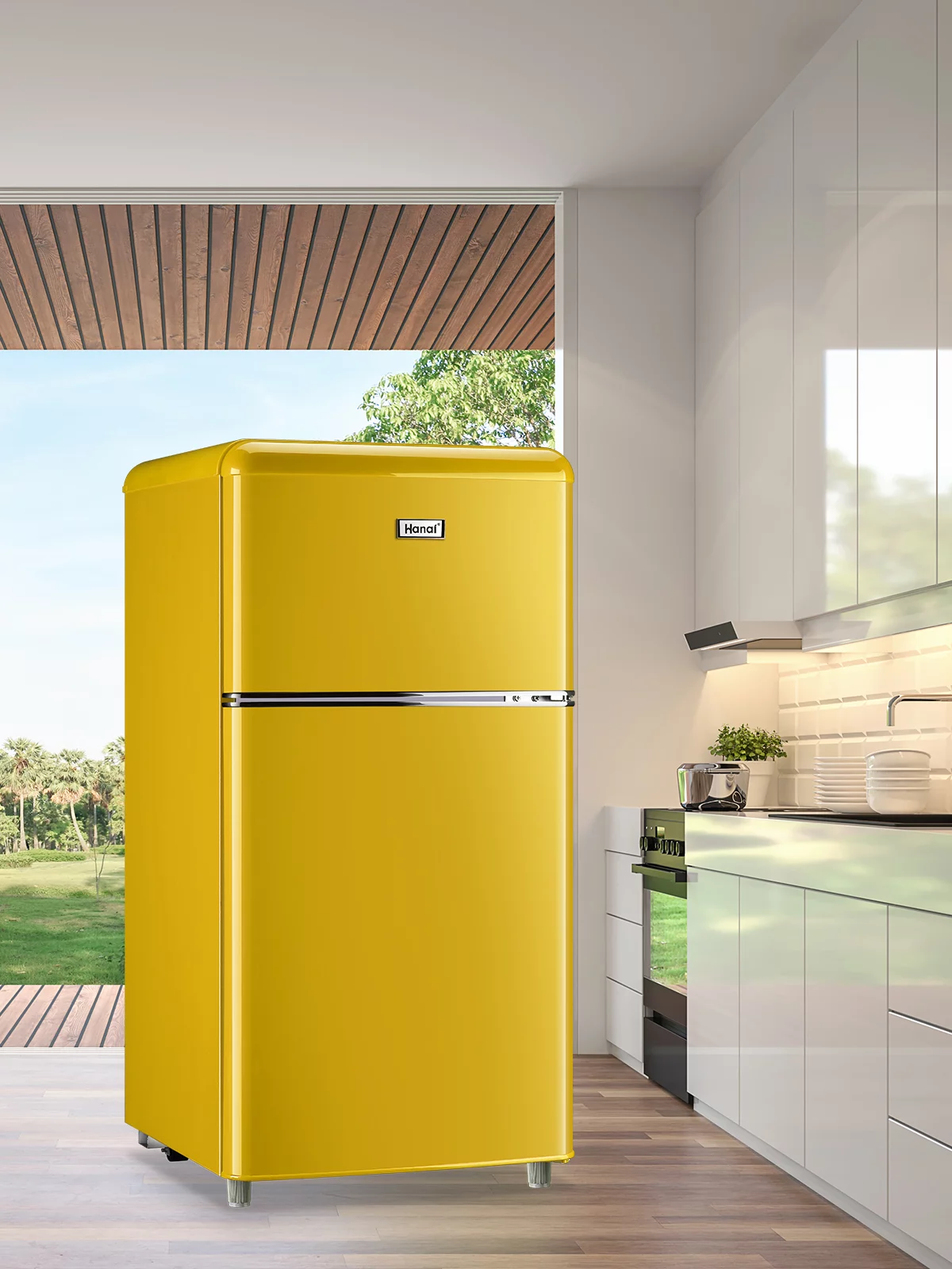 Compact Refrigerator Mini Fridge with Freezer, 3.2 Cubic Feet Retro Dual Door Small Refrigerator by WANAI with 7 Temp Modes, LED Lights, Removable Shelves, Ideal for Bedroom, Dorm, Office, Apartment