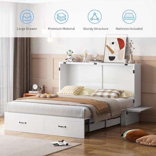 PUREMIND Murphy Bed Cabinet with Mattress Included, Queen Cabinet Beds with Storage Drawers, Murphy Chest Bed with USB Charging Station, Murphys Space-Saving Wallbed for Bedroom, Guest Room