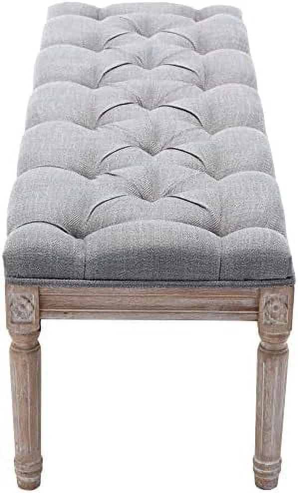 Fabric Entryway Bench with Button Tufted Seat and Rustic Wood Legs  Vintage Bedroom Bench End of Bed  Padded Extra Seating Bench for Living Room Office Studio Hallway  Grey