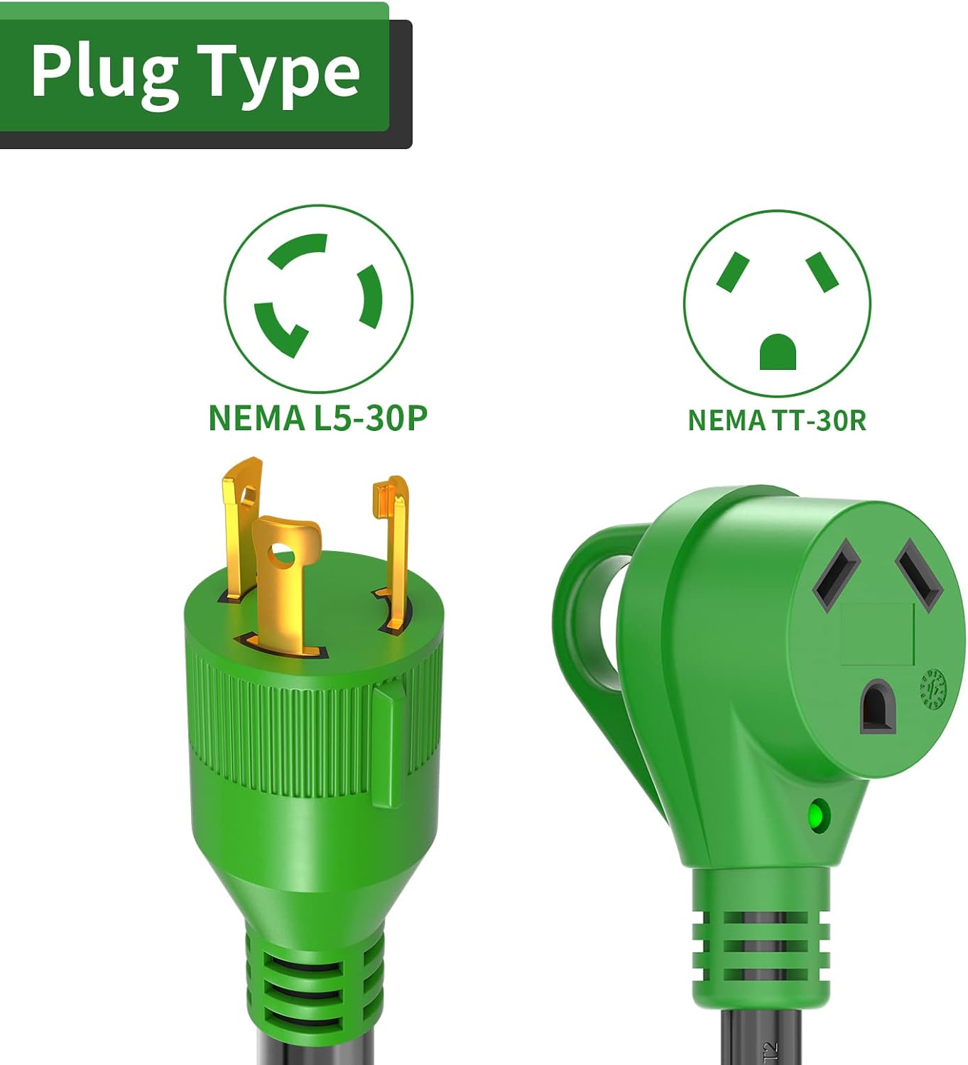 RVGUARD 4 Prong 30 Amp to 30 Amp RV Generator Adapter Cord 12 Inch, STW 10/3, L14-30P Locking Male Plug to TT-30R Female with LED Power Indicator, Green
