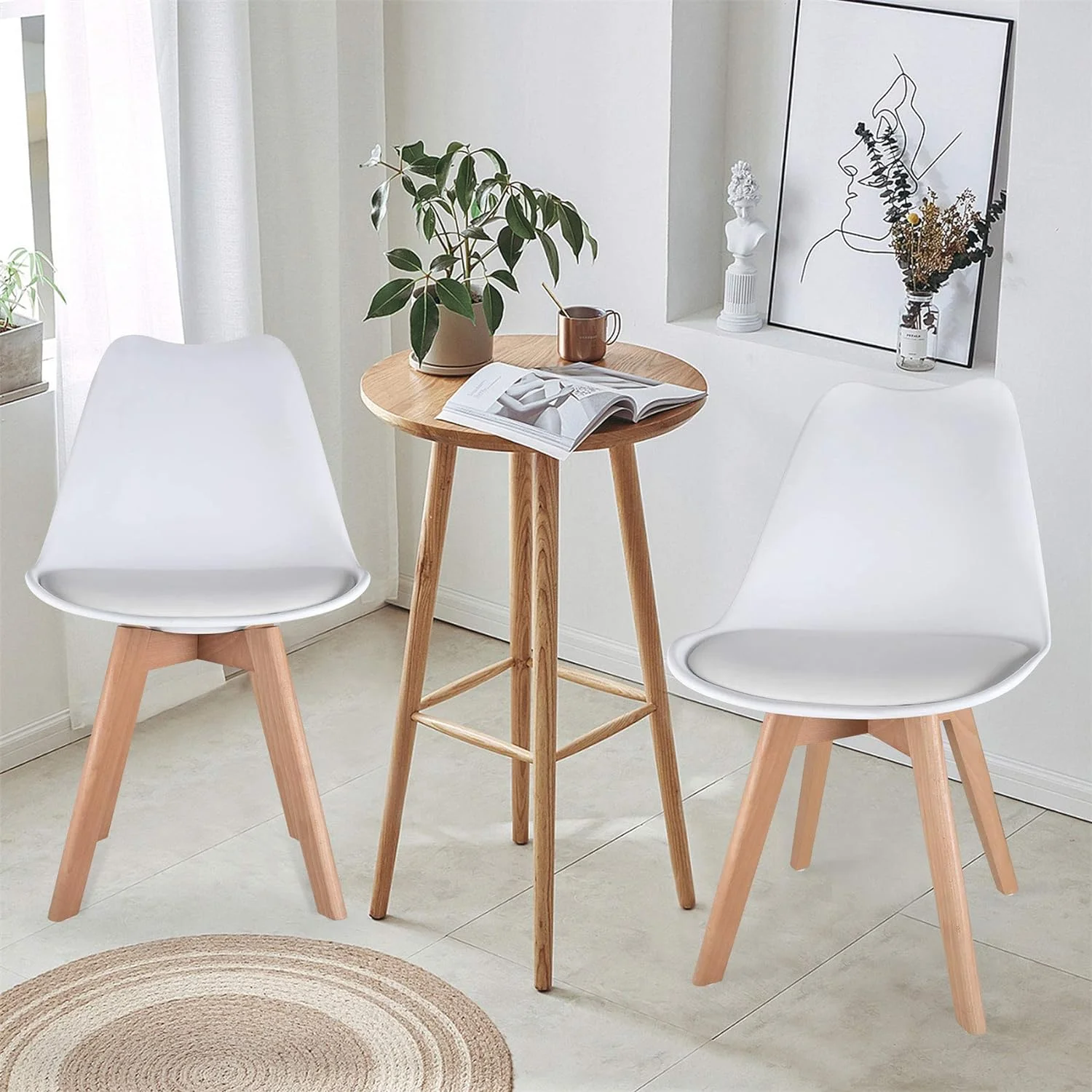 KHBIULIFE Dining Chairs Mid Century Modern DSW Tulip Chair PU Wooden for Living Room Bedroom Kitchen (White-Set of 4)