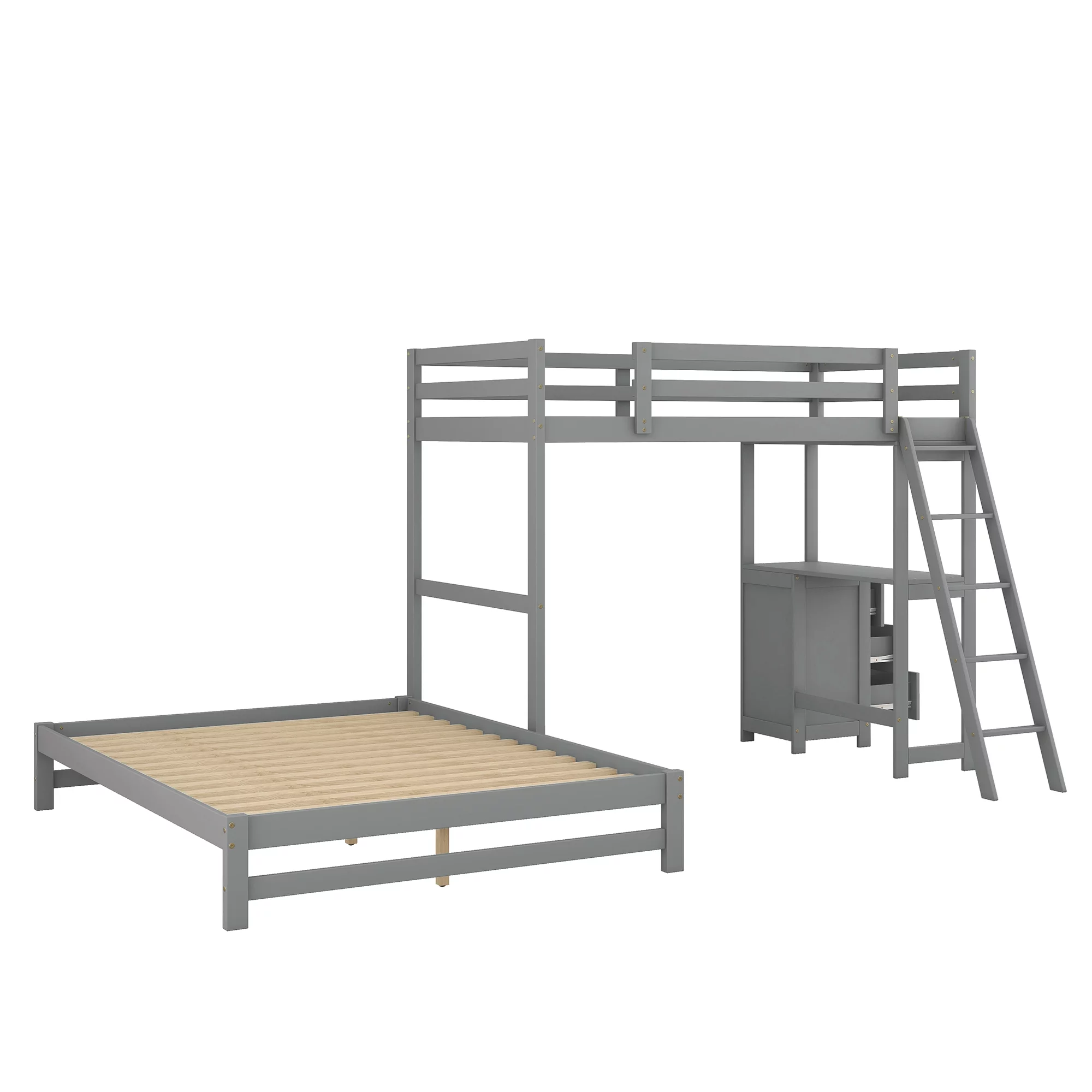 EUROCO Twin over Full Bunk Bed with Desk and Drawers for Kids Room, Gray