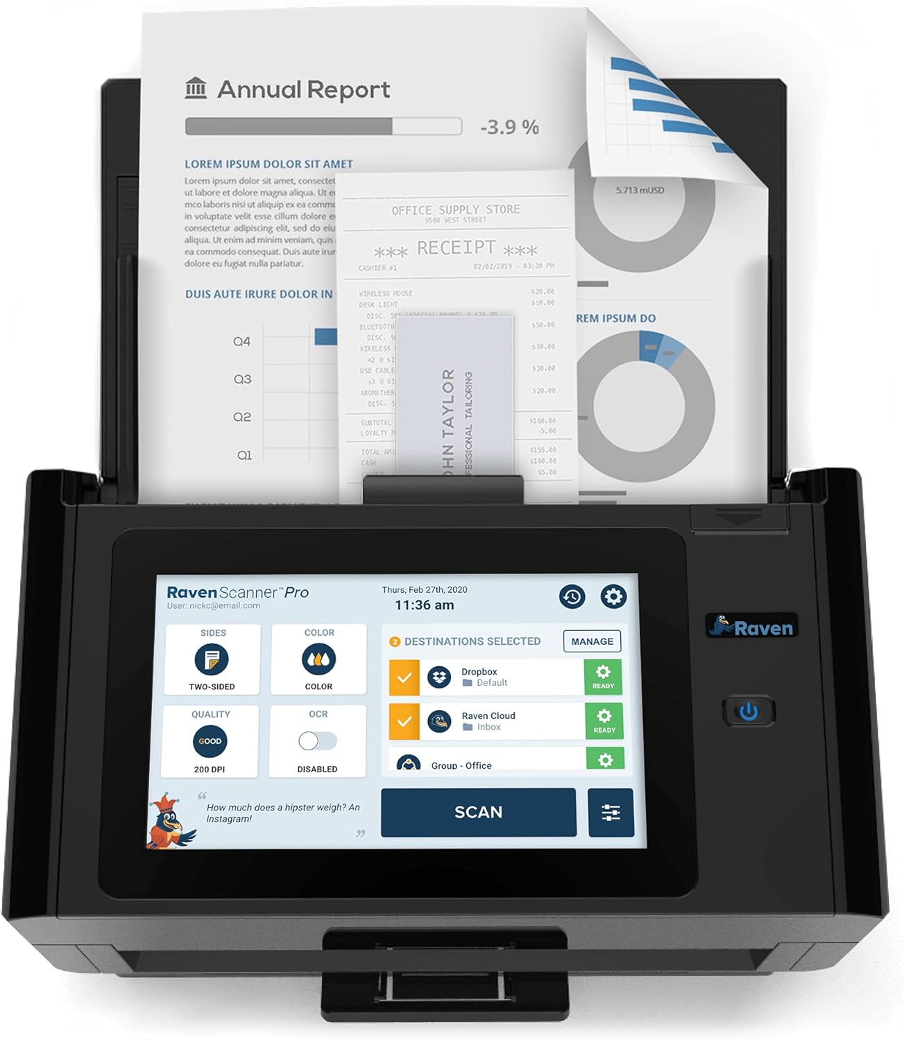 Raven Pro Document Scanner - Huge Touchscreen, High Speed Color Duplex Feeder (ADF), Wireless Scan to Cloud, WiFi, Ethernet, USB, Home or Office Desktop