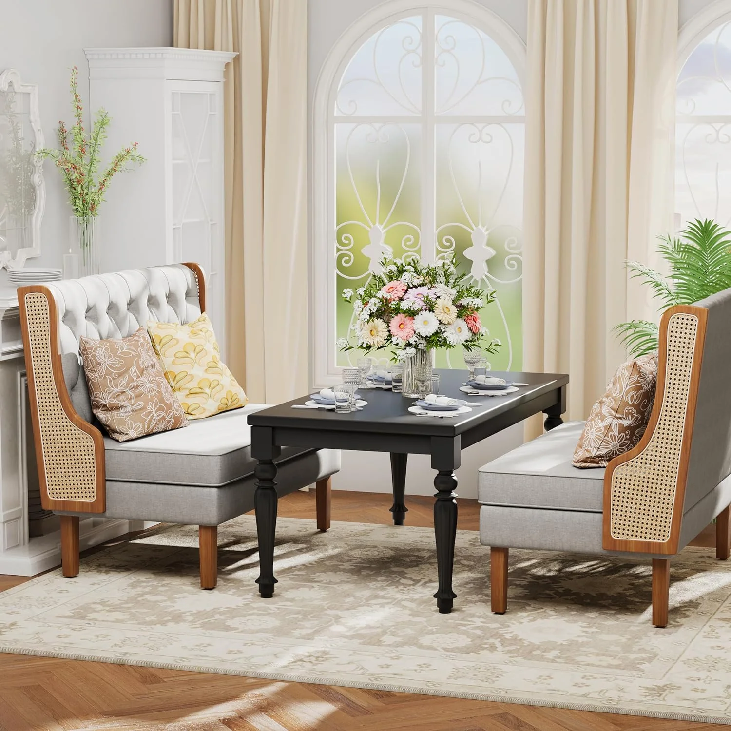 Loveseat Settee Bench with Natural Rattan Arms,Upholstered Modern High-Back Mini Sofa Couch,Banquette Dining Bench for Living Dining Room Bedroom Office Small Space Entryway,Light Grey