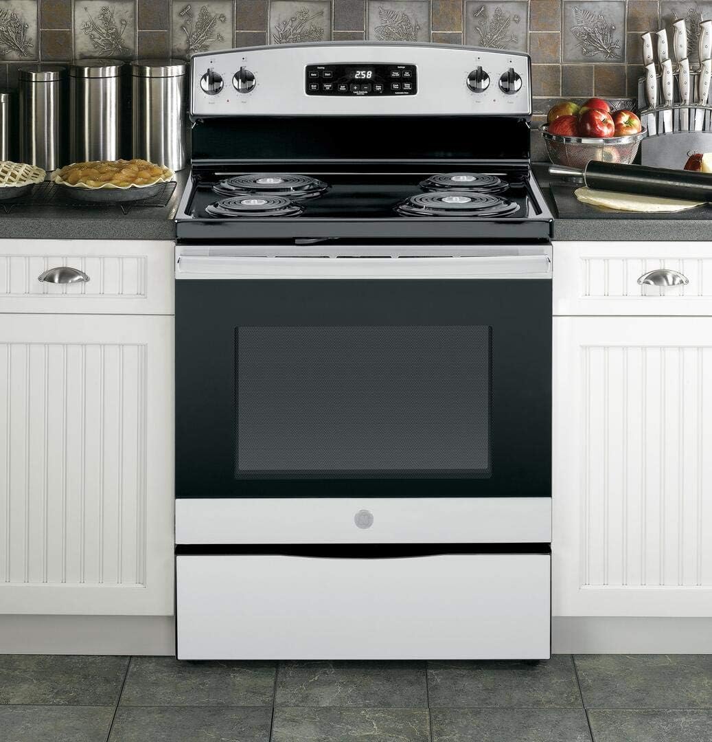 GE JB258RMSS 30 Freestanding Electric Range with 4 Coil Elements 5.3 cu. ft. Oven Capacity Self-Cleaning Oven Storage Drawer in Stainless Steel