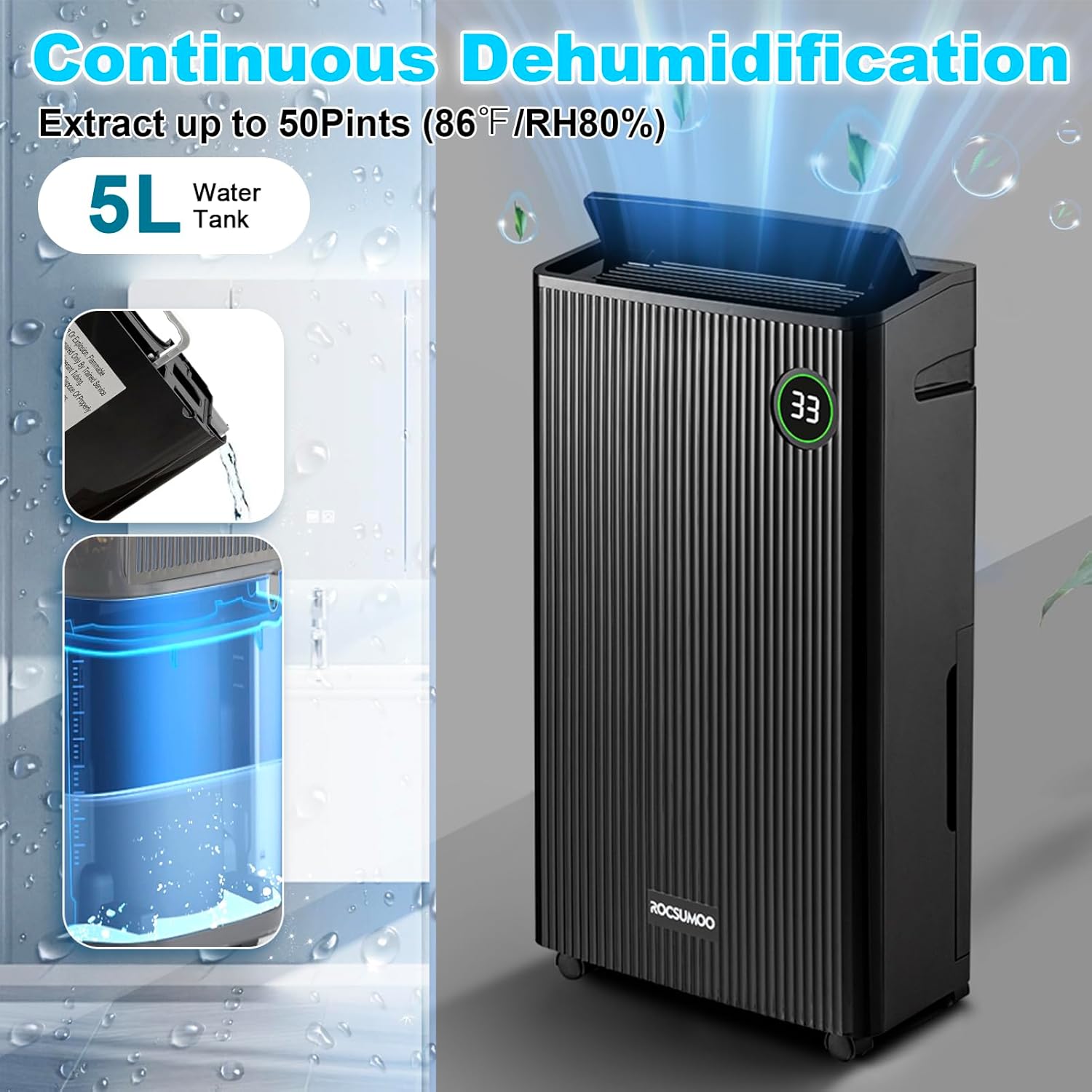 50 Pint Dehumidifier for Basement, Large Room & Home - 4500 Sq. Ft Dehumidifier with Drain Hose, 1.32 Gallons Water Tank, Intelligent Humidity Control, Auto or Manual Drainage, 24HR Timer