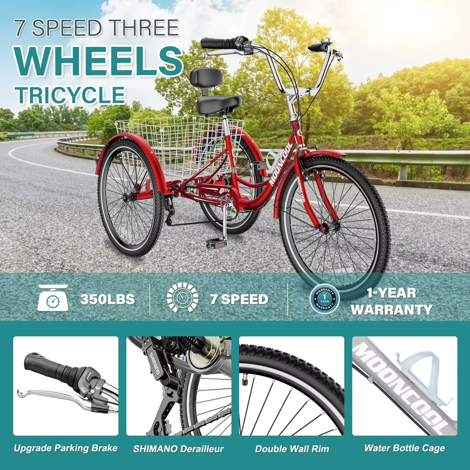 MOPHOTO Adult Tricycles 3 Wheel 7 Speed Trikes, 20/24/26 inch with Big Basket for Shopping, Picnics Exercise Men's Women's Senior's Trike