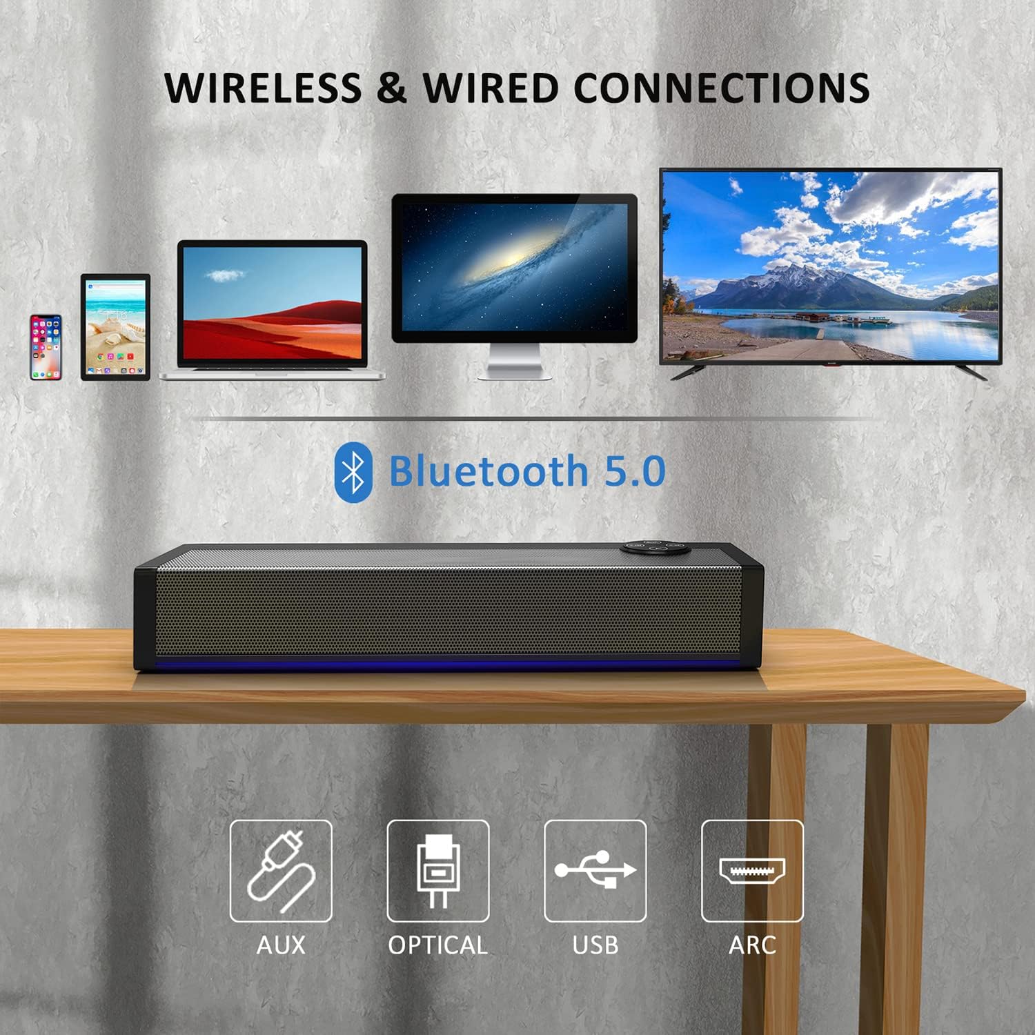 Sound Bars for TV, 16" Small Soundbar with Built-in DSP, 3 EQ Mode TV Sound Bar with Wireless Bluetooth, HDMI/Opt/AUX/USB Connection, Mini Sound Bar Speaker for PC, Gaming, Projectors Pack of 2