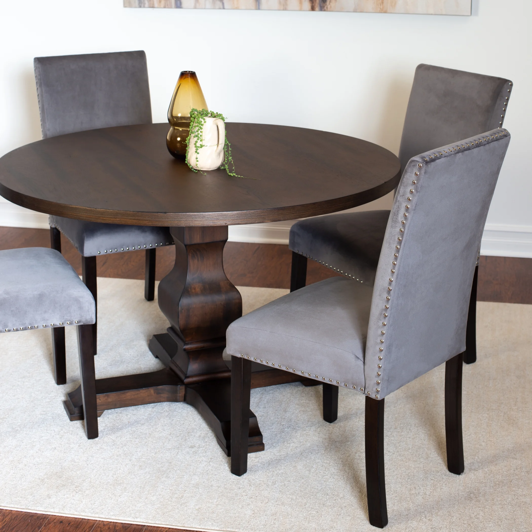 Roundhill Furniture Fordsville 5-piece Dining Set, Pedestal Round Table with 4 Stylish Chairs, Gray
