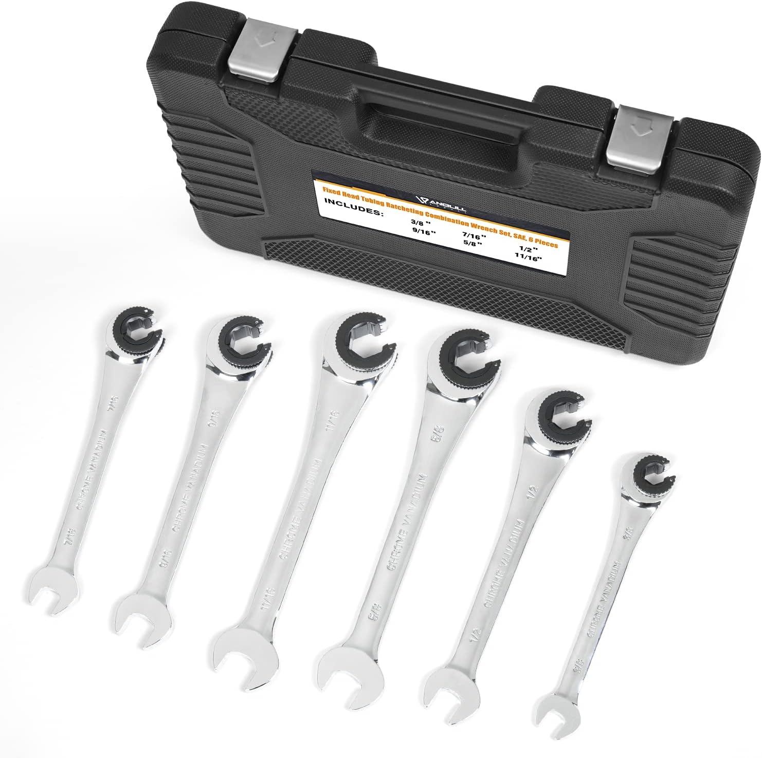 Anbull Combination Ratcheting Wrench Set SAE with Open End, Tubing Ratchet Wrench Chrome Vanadium Steel 3/8'' 7/16'' 1/2'' 9/16'' 5/8'' 11/16'' 6PCS