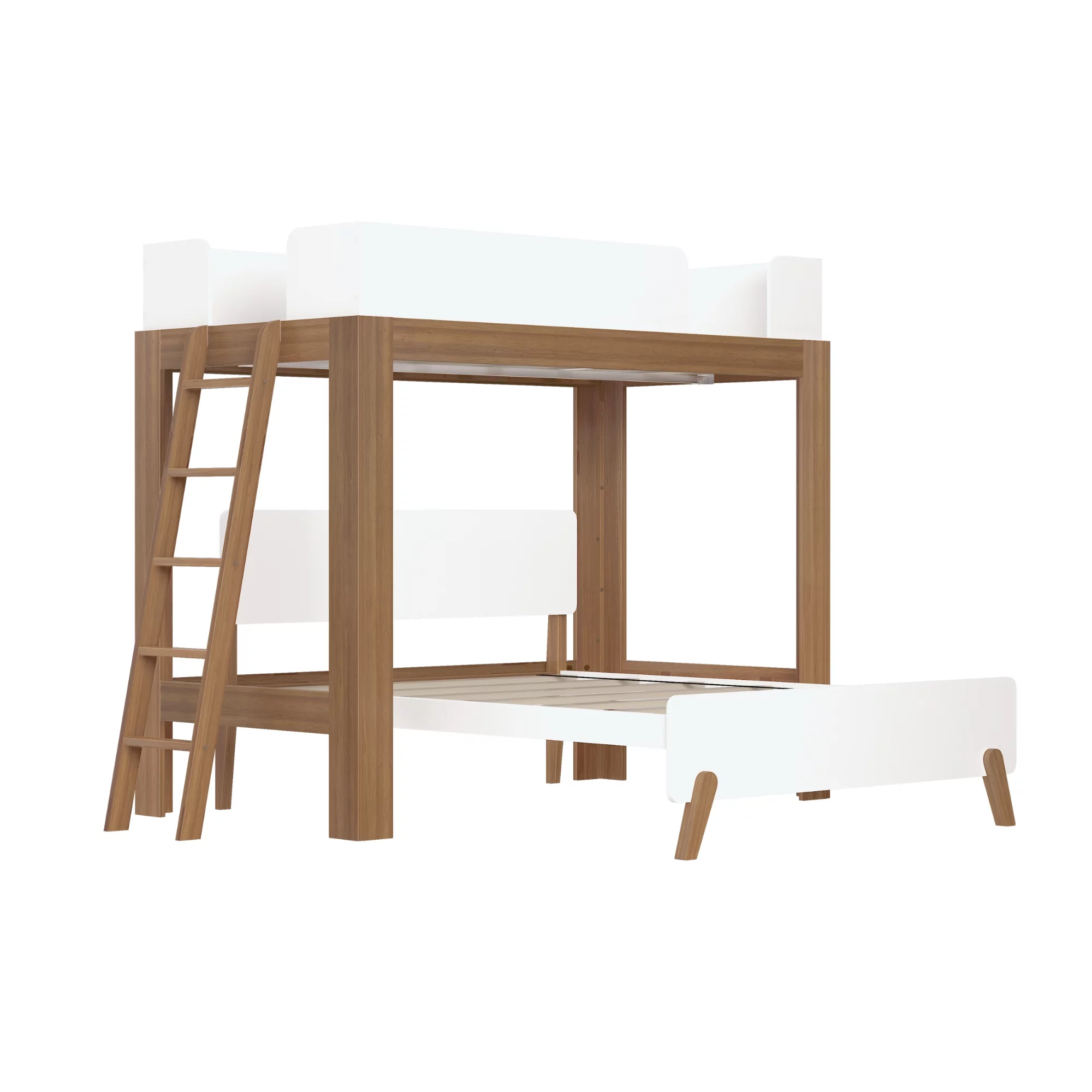 Max & Lily Twin over Full L-Shaped Bunk Bed, Mid-Century Modern Bunk Solid Wood Bunk for Kids, White/Pecan
