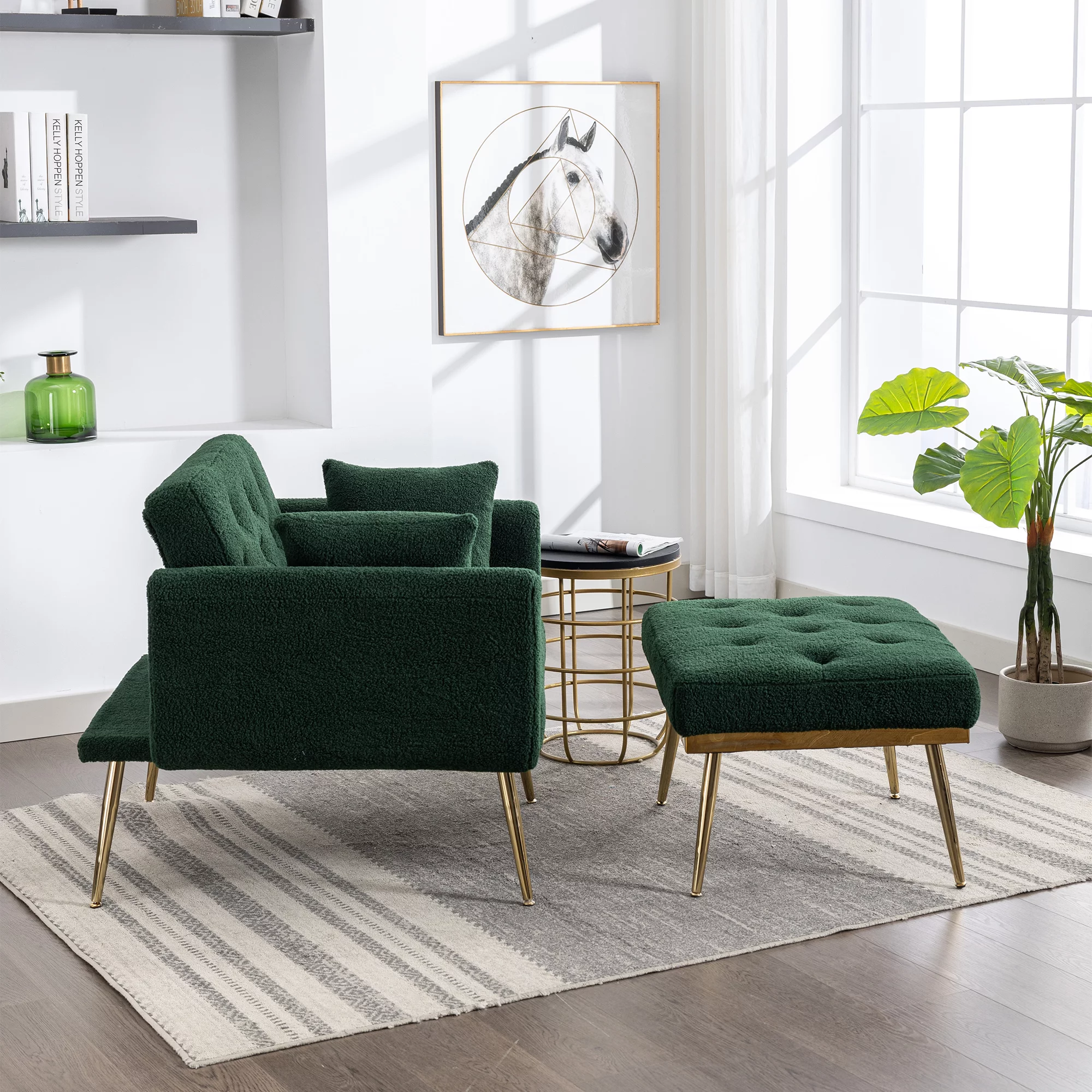 Ufurpie 36.61"Wide Modern Accent Chair With 3 Positions Adjustable Backrest,Tufted Chaise Lounge Chair,Single Recliner Armchair With Ottoman for Living Room, Bedroom,Green-Sherpa