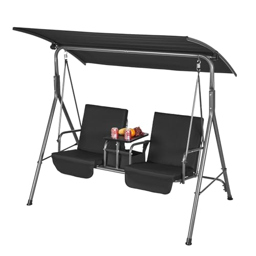 VEVOR 3-Seat Patio Swing Chair, Converting Canopy Swing, Outdoor Patio Porch with Adjustable Canopy, Removable Thick Cushion and Alloy Steel Frame, for Balcony, Backyard, Poolside, Brown