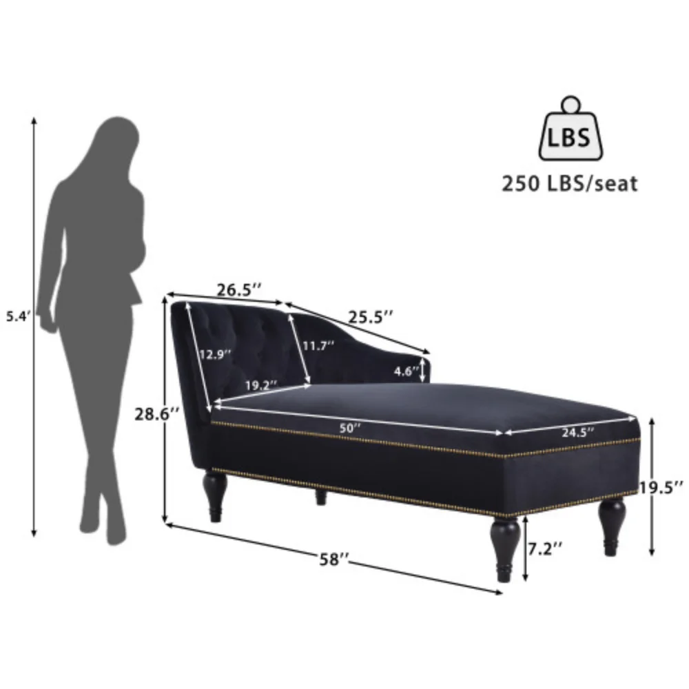 8" Velvet Chaise Lounge,Button Tufted Right Arm Facing Lounge Chair with Nailhead Trim & Solid Wood Legs for Living Room or Office, Sleeper Lounge Sofa (Black)