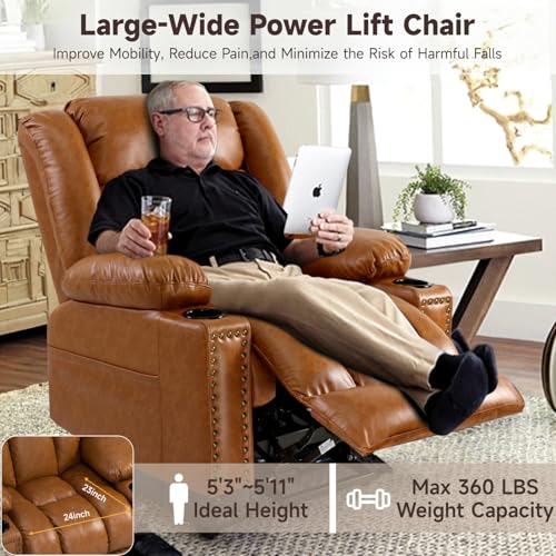 Large Power Lift Chairs Recliners for Elderly with Heated and Massage, Overstuffed Adjustable Lift Chairs, 3 Positions, Breathable Leather, USB-A and USB-C, Cup Holder, Side Pocket Dark Brown