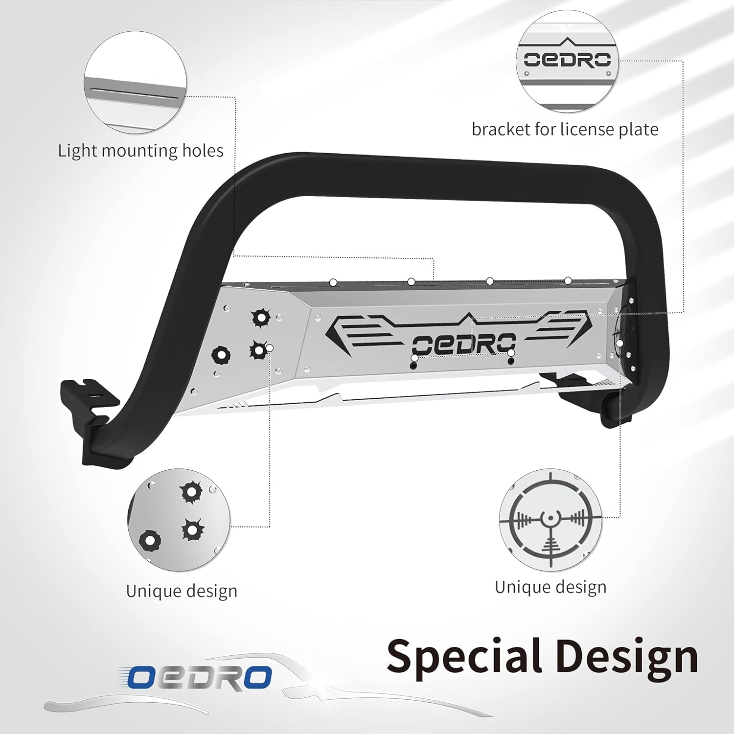 oEdRo Bull Bar Fits 2004-2022 Ford F150, Truck Brush Push Bumper Guard Grille w/ Chrome and Black Skid Plate Light Mount