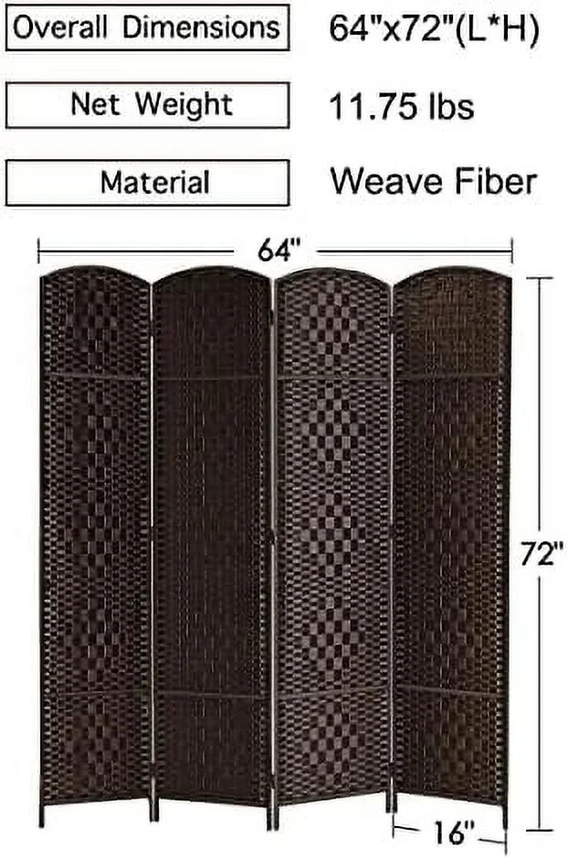 JDZHAPPYLIFE RHF 6 ft. Tall 16" Wide- Weave Fiber Room Divider Double Hinged 6 Panel Room Divider/Screen  Room Dividers and Folding Privacy Screens 6 Panel  Freestanding Room Dividers - Curated Treasures Market