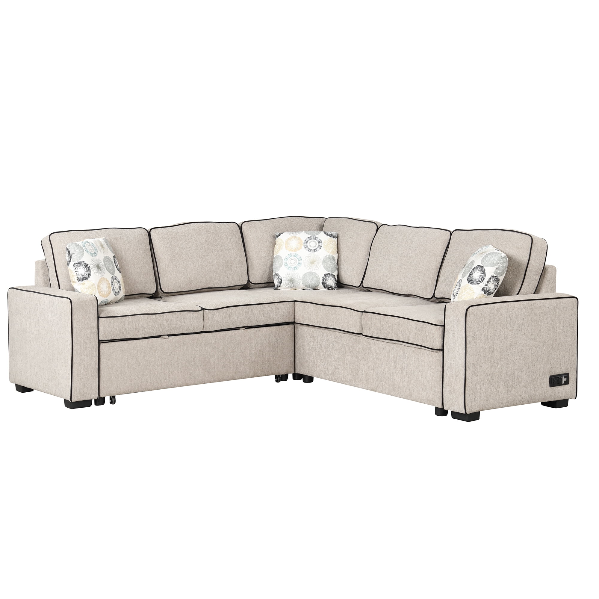 Euroco 5 Seat Pull Out Sofa Bed L-Shaped Sofa with 2 USB Ports, Sockets, Pillows, 83" Convertible Sleeper Sofa for Living Room, Bedroom, Office, Cream