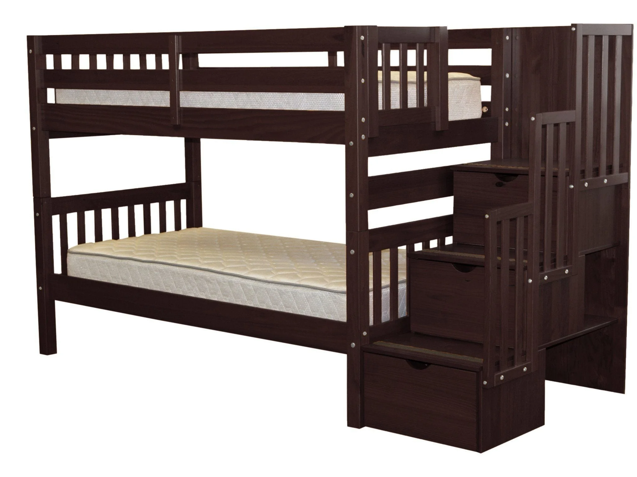 Bedz King Stairway Bunk Beds Twin over Twin with 3 Drawers in the Steps, Dark Cherry