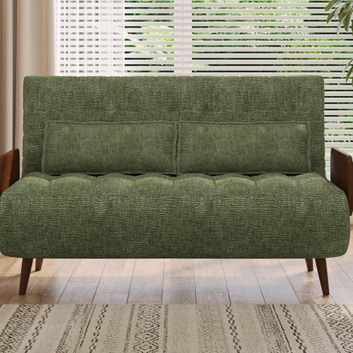 3-in-1 Convertible Chair Bed Sleeper for Adults, Linen Convertable Sleeper Chair with Wooden Arms & Pillows, Foldable Single Futon Sofa Bed (Mid Century with Walnut Arm, 36.6" Wide)