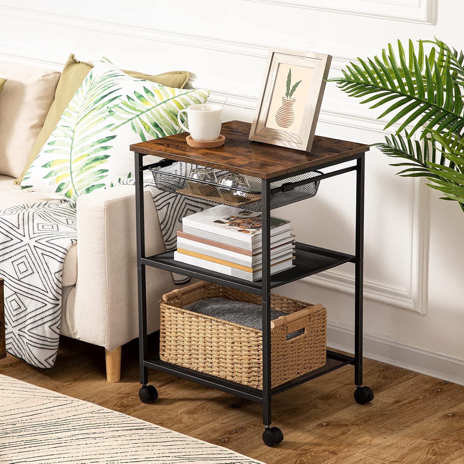 HOOBRO Mobile Printer Stand, 3-Tier Printer Cart with Storage Shelf, Adjustable Metal Mesh Basket, Machine Cart on Wheels, Industrial Style in Home Office, Rustic Brown and Black BF23PS01