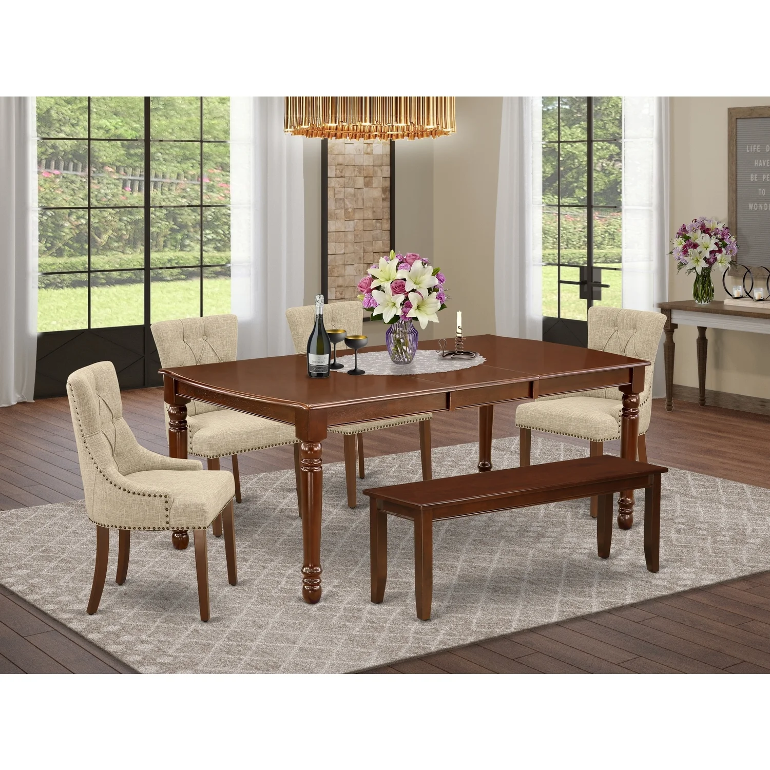 HomeStock Medieval Majesty 6Pc Dining Set Includes A Rectangle Dinette Table With Butterfly Leaf, Four Parson Chairs With Doeskin Fabric And A Bench, Mahogany Finish - Curated Treasures Market