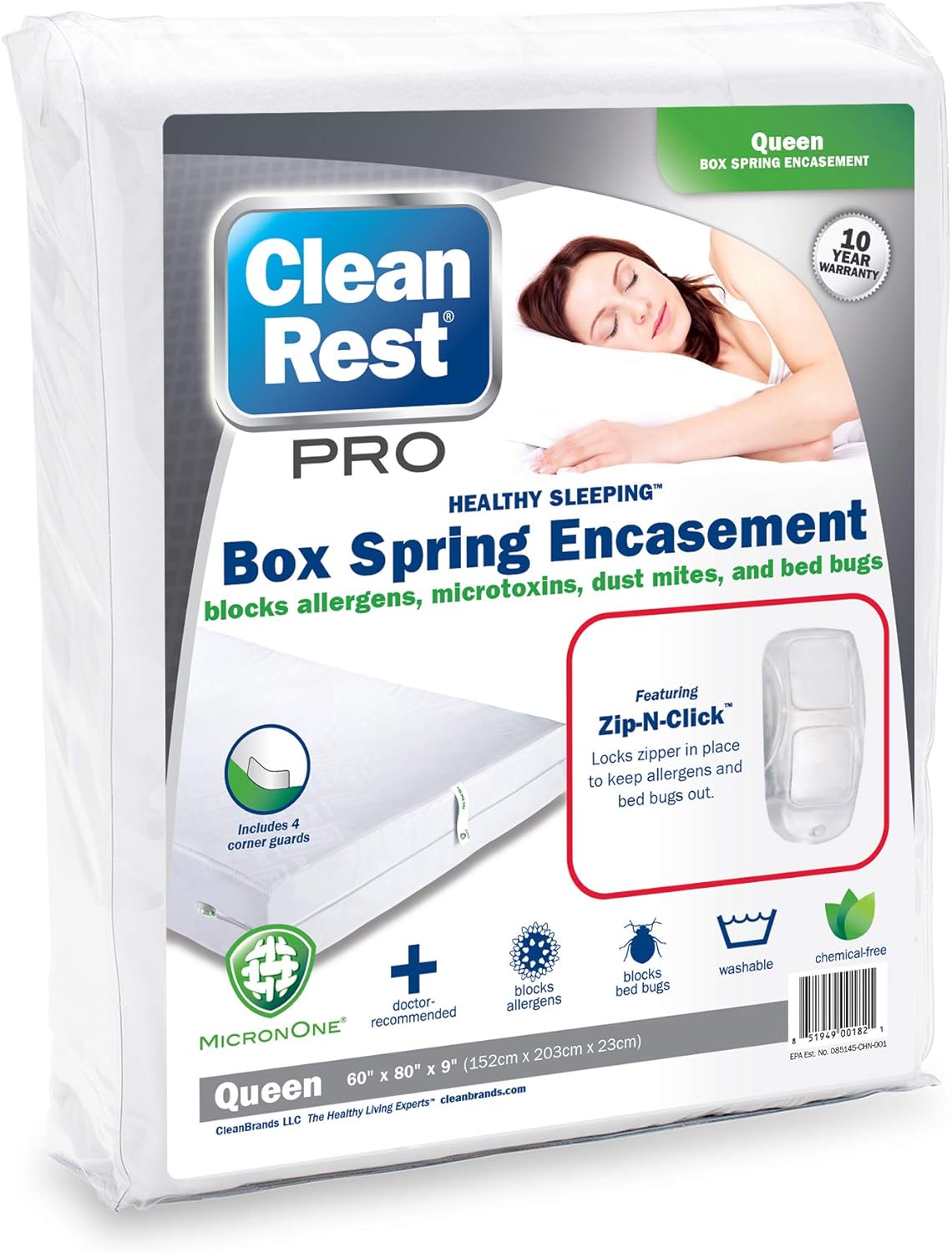 CleanRest PRO Innovative Zippered Box Spring Encasement - Tear Resistant - Hypoallergenic - Noiseless - Patented Zipper Security (Fits 9 in. H) Queen