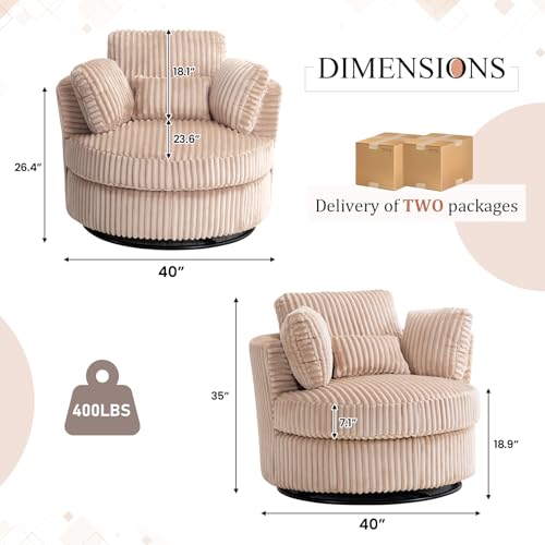 Chair and A Half with Ottoman, 360° Swivel Accent Barrel Chair Modern Comfy Round Reading Sofa Swivel Chairs Circle Lounge Chair for Bedroom Living Room w/4 Pillow Lower Seating Heigh (White, Large)