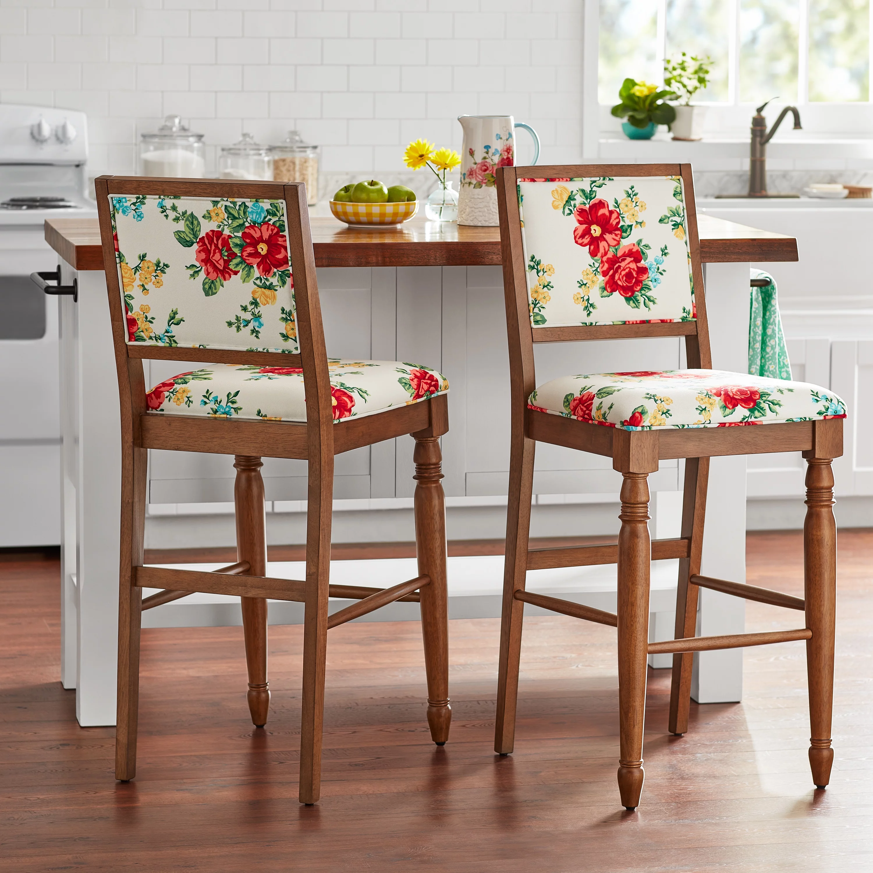 The Pioneer Woman Vintage Floral Bar Stools Made With Solid Wood Frame, Set of 2