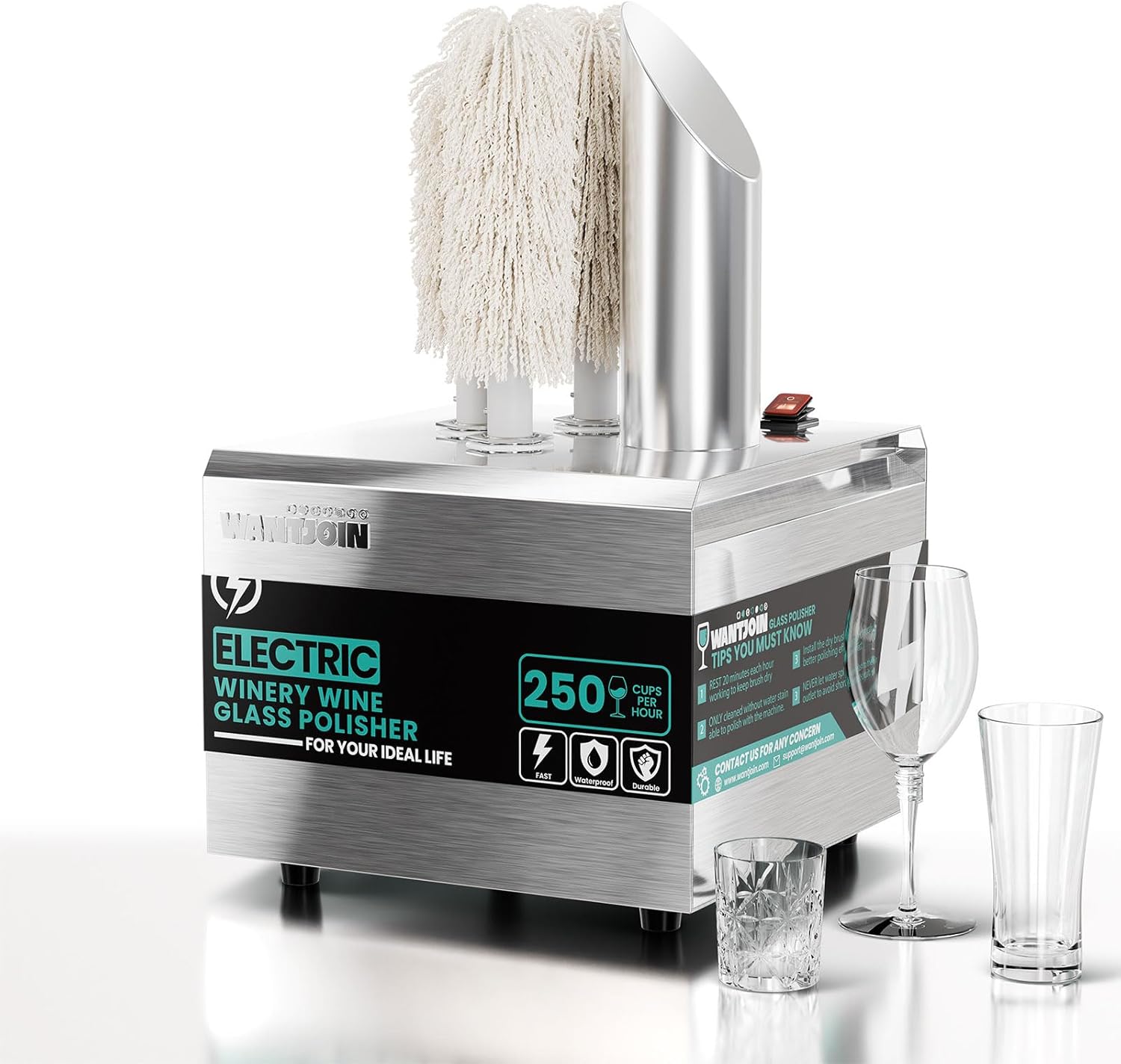 Glass Polisher,3 Pure cotton Brushes Electric Wine Glass Polisher with High Powered Heater, Stainless-Steel Commercial glass polisher machine,Safe & Hygienic for Bar Kitchen Restaurants