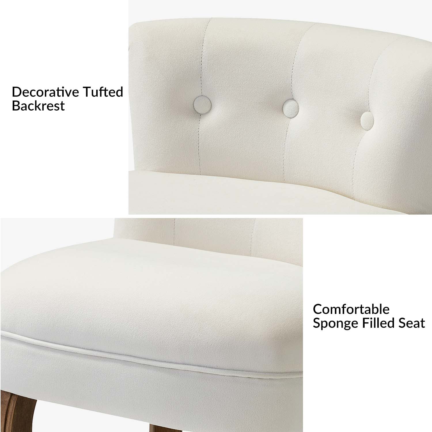 Makeup Vanity Stool Dressing Table Accent Chair Velvet Tufted Upholstered Cushioned Wood Leg Home Bedroom Living Room Ivory