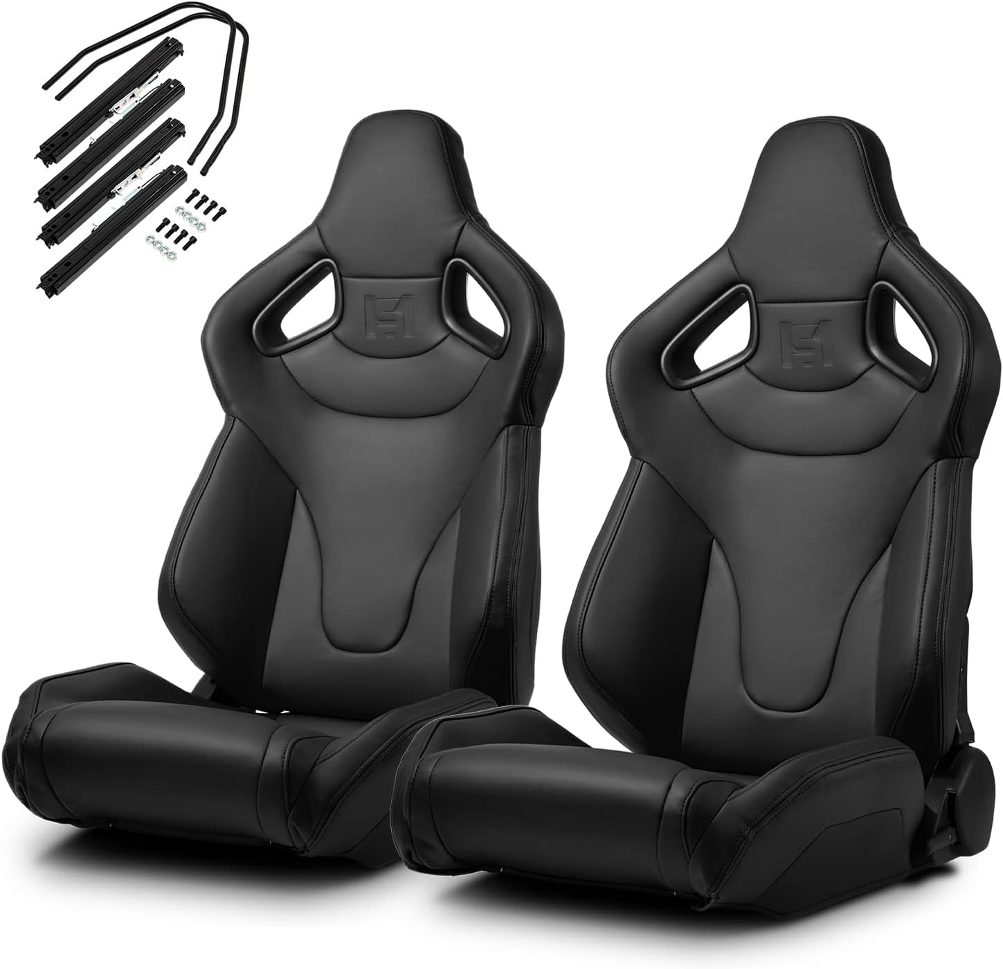 ModifyStreet 1 Pair Universal Black w/Red Stitching w/Carbon Fiber Leather PVC Reclinable C-Series Racing Seats W/Slider Left/Right