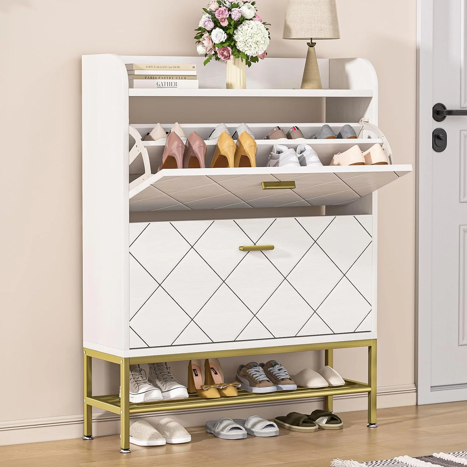 WAGEE Hidden Shoe Cabinet with Flip Drawers for Entryway, Free Standing Narrow Shoe Rack Organizer Modern Wooden Slim Shoe Storage Cabinet for Small Spaces, Living Room, Bedroom (White)