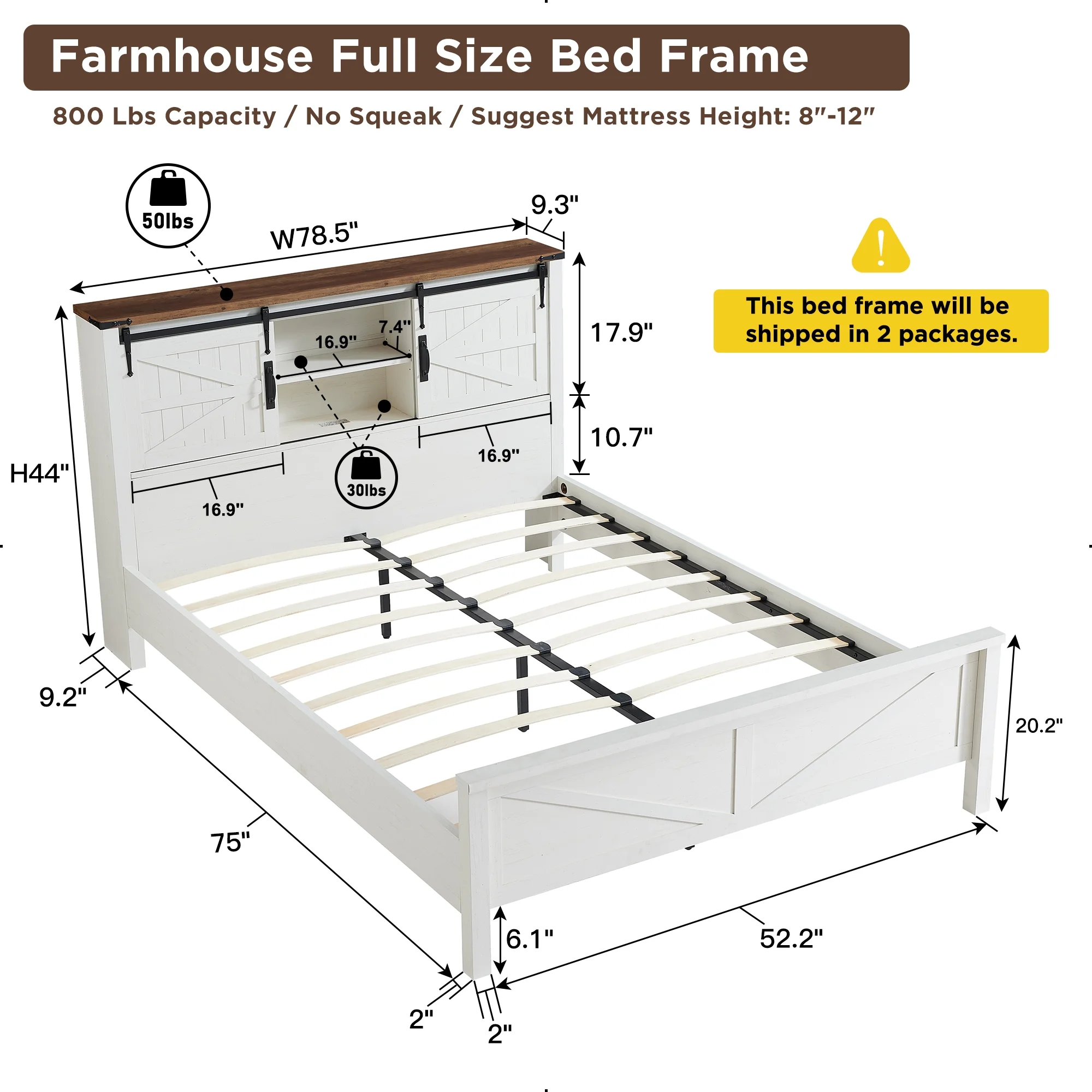 OKD Modern Farmhouse Full Platform Bed with Bookcase Headboard Storage and Charging Station, No Box Spring Needed, Anitique White Finish