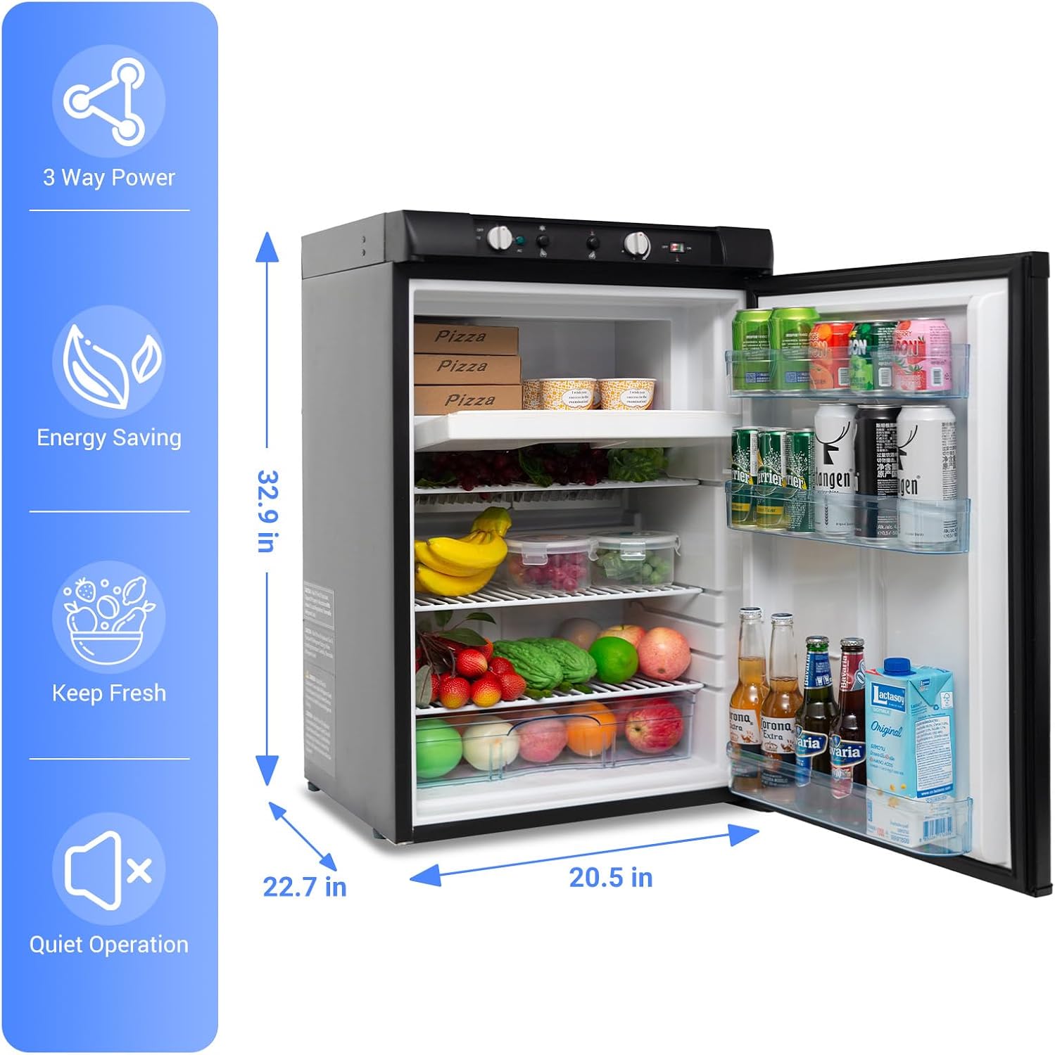 RV Propane Refrigerator with Freezer 3.5 Cu.Ft, 3 Way Fridge AC/DC/GAS Refrigerator for Camper, Cabin, Semi Truck, Van, Quiet, Black