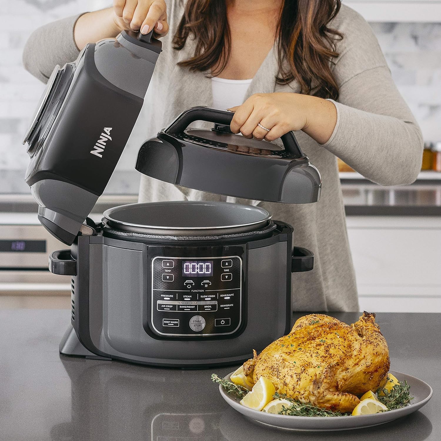 Ninja OP301 Foodi 9-in-1 Pressure, Broil, Dehydrate, Slow Cooker, Air Fryer, and More, with 6.5 Quart Capacity and 45 Recipe Book, and a High Gloss Finish