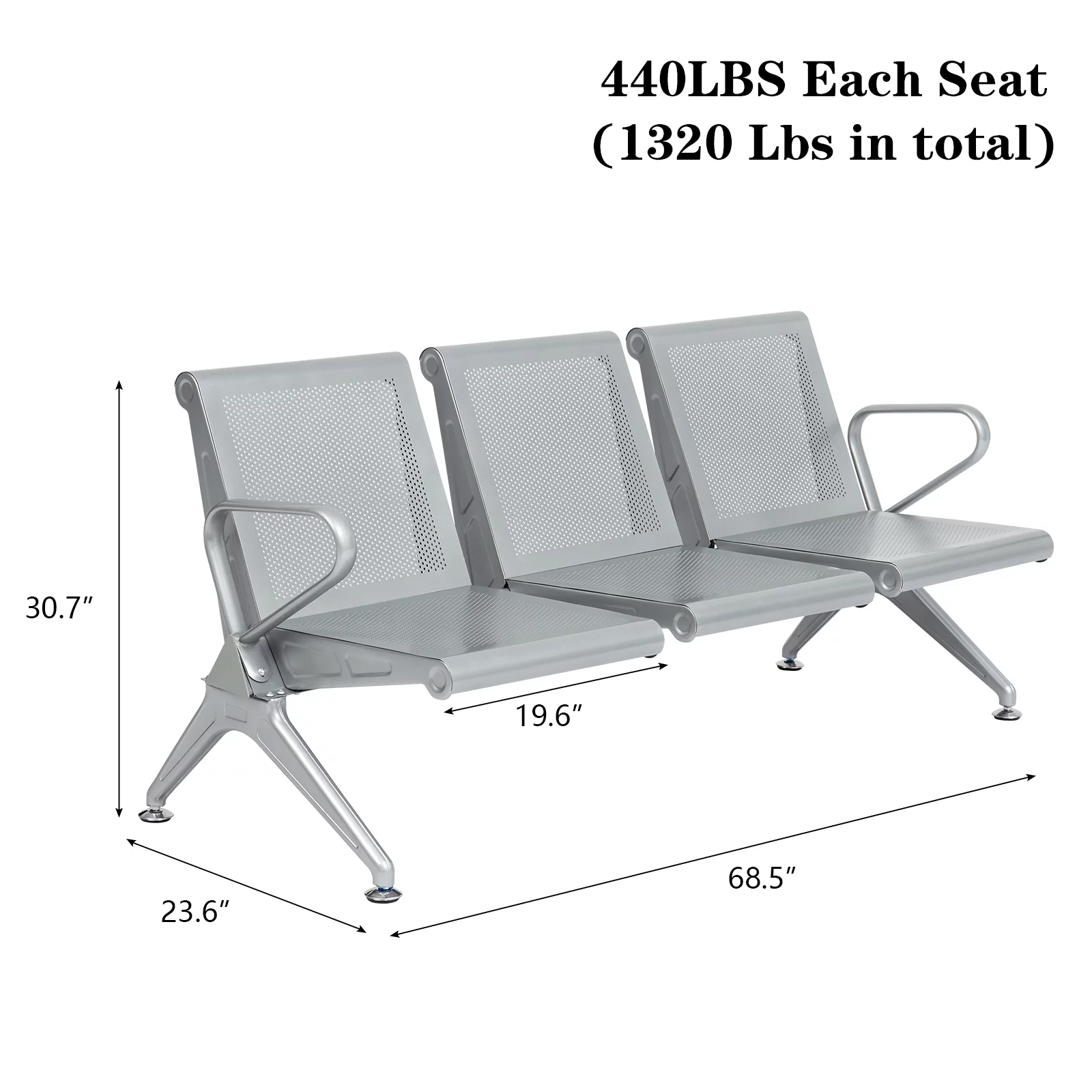 Kinbor 3-Seat Office Guest Waiting Chair Bench with Steel Frame for Bank Airport Conference Home, Silver