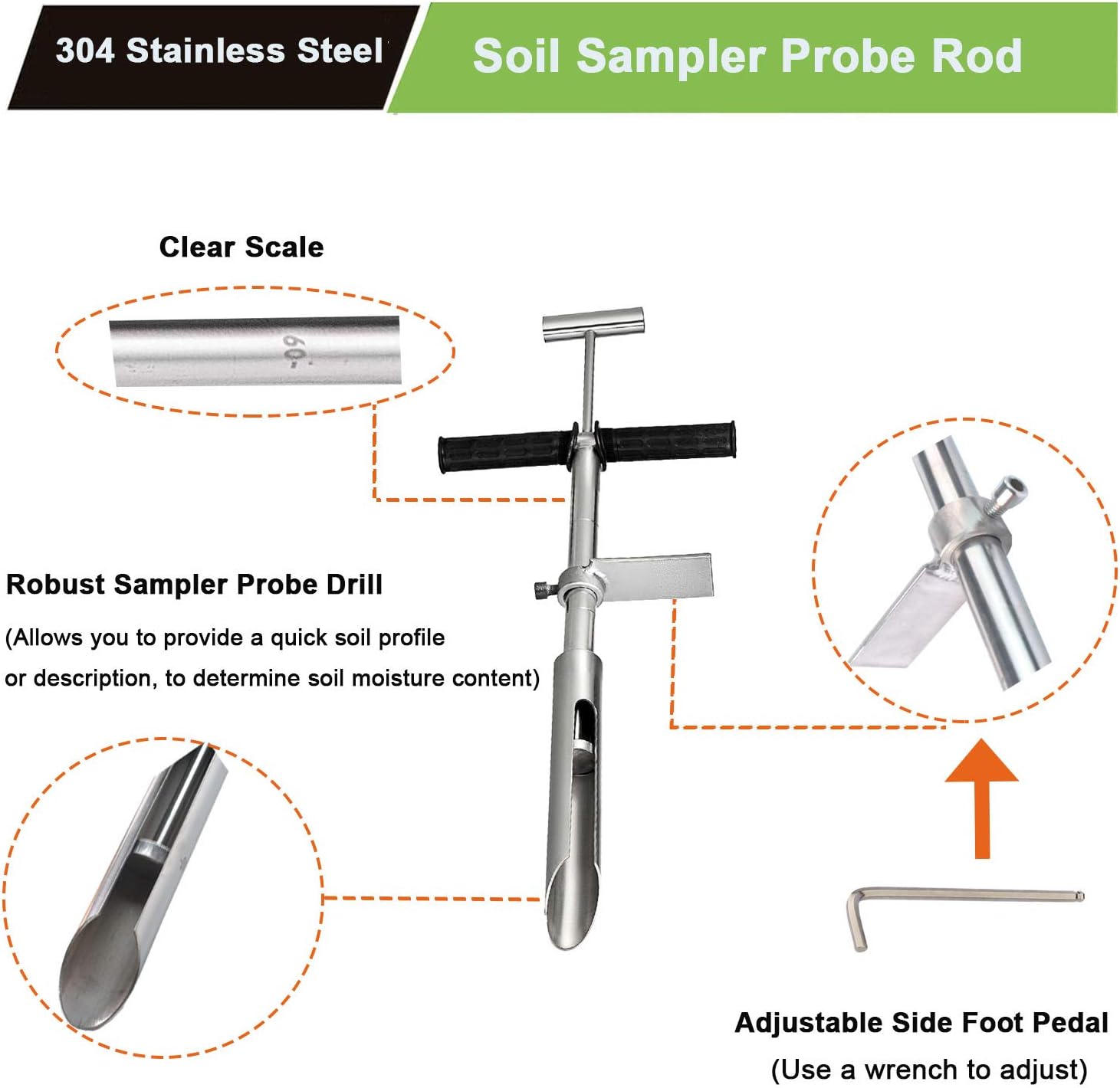 40" Soil Sampler Probe Rod with Sample Ejector, Soil Probe Sampler 304 Stainless Probe Step Tube with Foot Pedal T-Style Handle Soil Probes for Soil Sampling, Lab Garden Soil Test Tool Scaled Kit