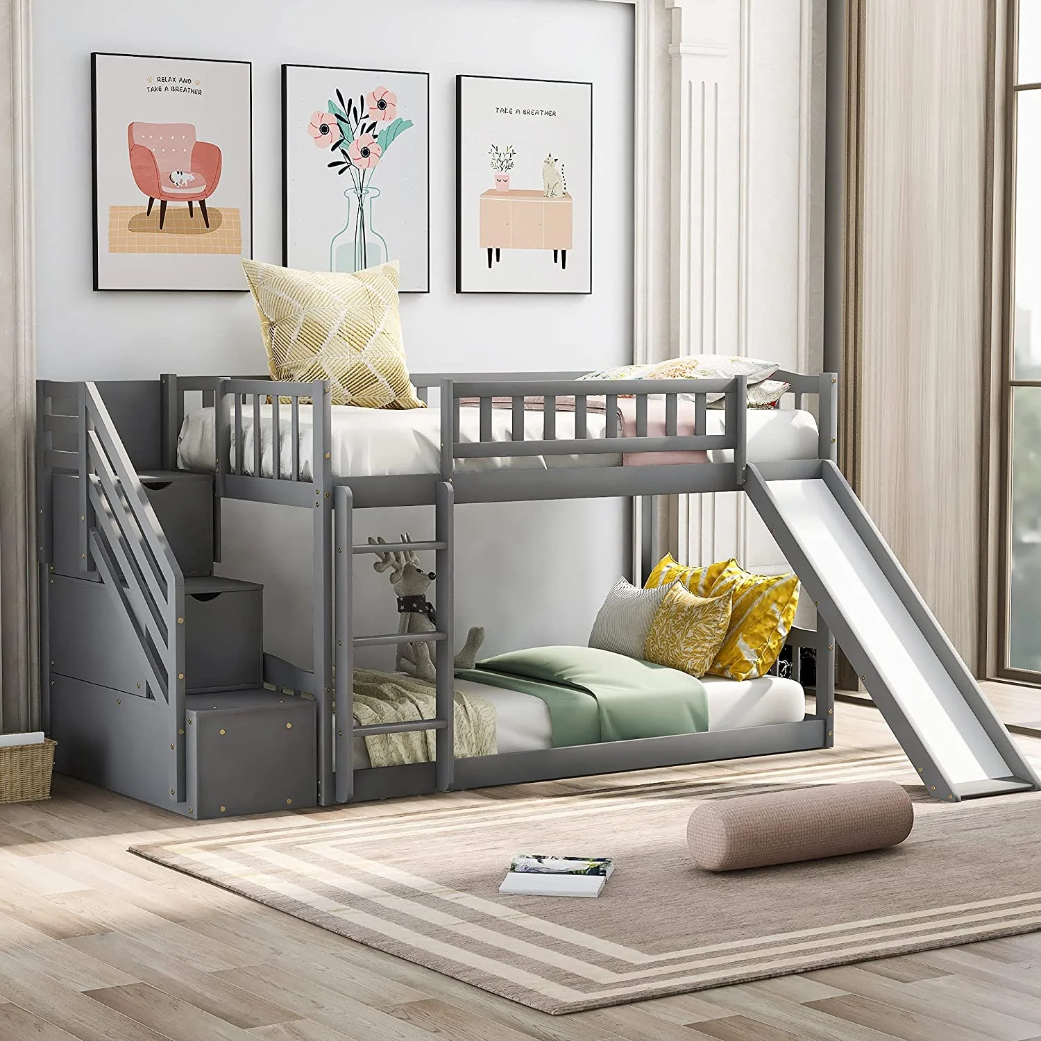 Kids Bunk Bed Over , Wooden Bunk Bed With Slide And Guardrail, Floor Bunk Bed With Stairway/Two Drawers/Handrail, Space-Saving Bedroom Dormitory Furniture (Gray)