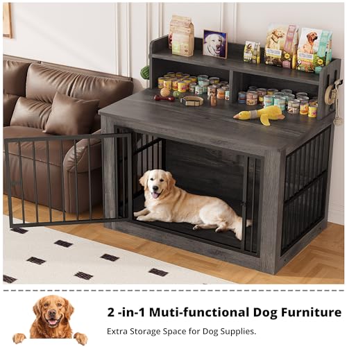 IRONCK Extra Large Dog Crate Furniture, 43.3 inches Wooden Dog Crate with Storage and 4 Hooks, Heavy Duty Pet Crate for Large Dog, Decorative Pet Cage for Indoor (30" L x 43.3" W x 41.1" H)