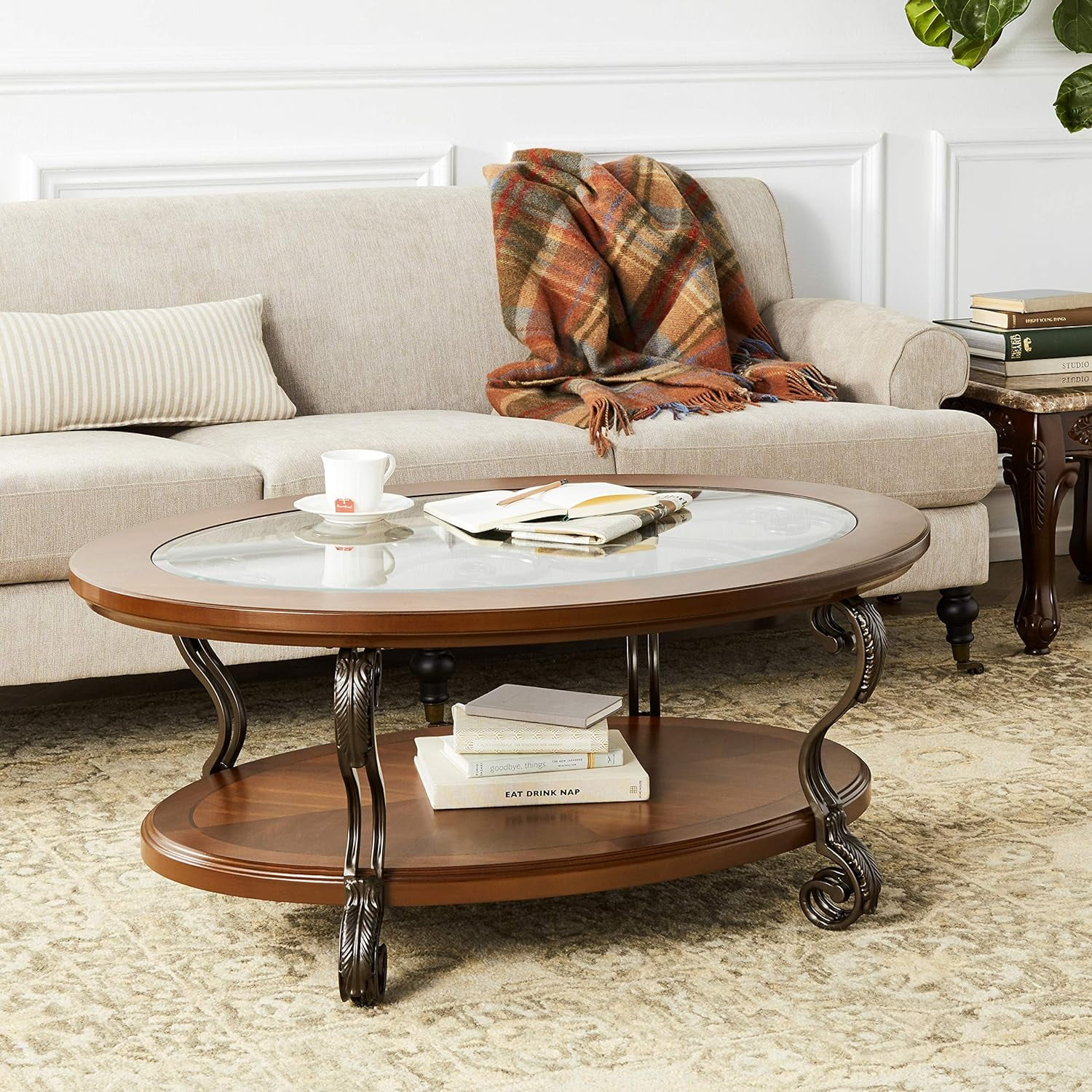 Nestor Traditional Oval Coffee Table With Beveled Glass Top, Scrollwork Underlay And 1 Fixed Shelf, Dark Brown