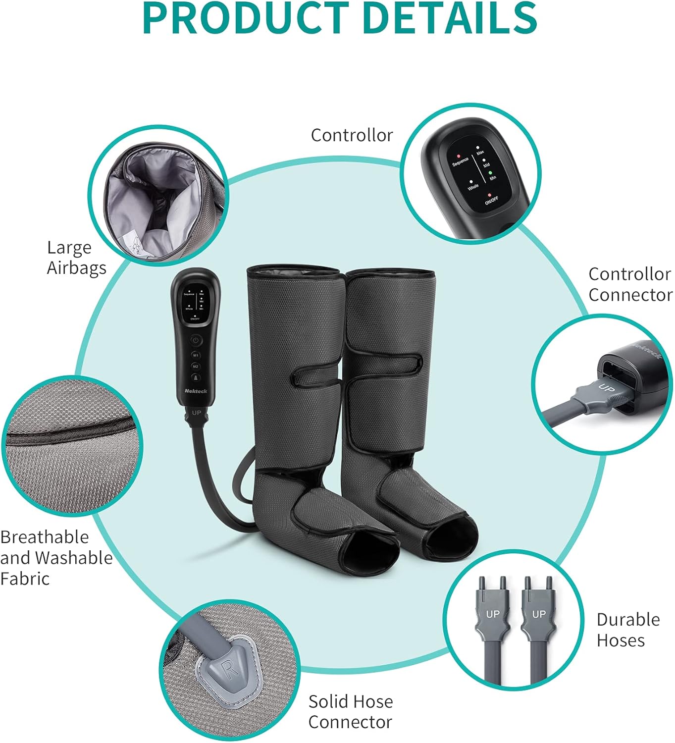 Nekteck Leg Massager with Air Compression for Circulation and Relaxation, Foot and Calf Massage Machine with Hand-held Controller 2 Modes 3 Intensities, Adjustable Leg Wraps for Home and Office Use