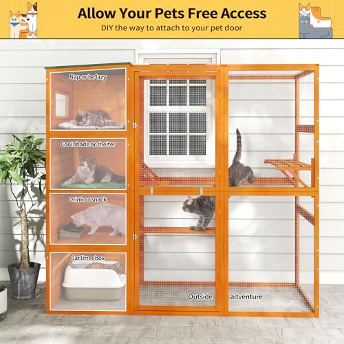COZIWOW Large Wood Cat Catio, Outdoor Enclosure with Weatherproof Roof, 2 Resting Rooms, 2 Platforms, 4-Tier Cat Playpen, Orange