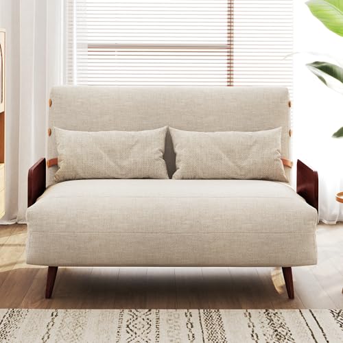 3-in-1 Convertible Chair Bed Sleeper for Adults, Linen Convertable Sleeper Chair with Wooden Arms & Pillows, Foldable Single Futon Sofa Bed (Mid Century with Walnut Arm, 36.6" Wide)