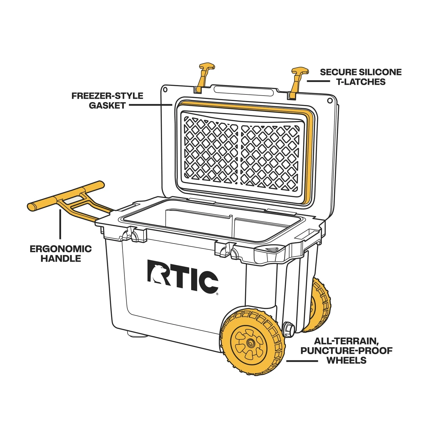 RTIC 52 QT Ultra-Light Wheeled Hard-Sided Ice Chest Cooler, White and Grey, Fits 78 Cans