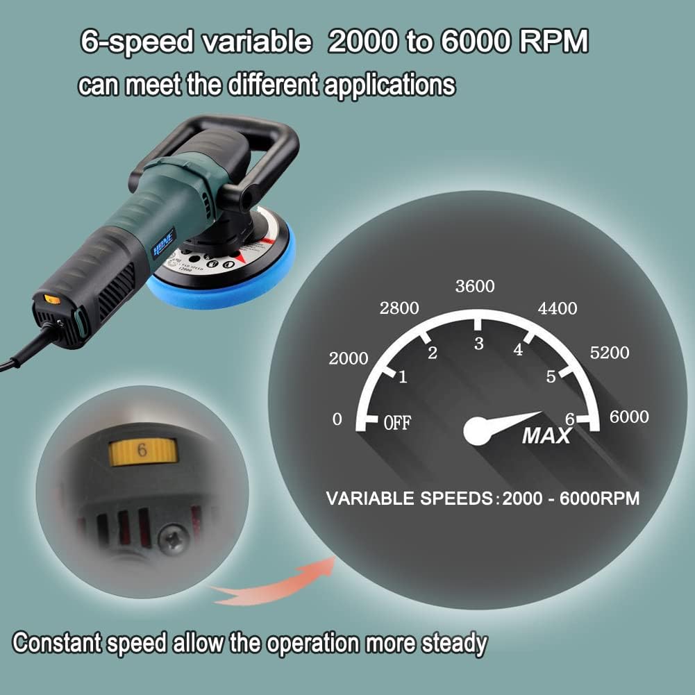 HONE Car Buffer, 6 inch 750W Random Orbital Polisher Buffer with 6 Variable Speed, DA Polisher for Car Detailing of Waxing/Polishing/Buffing