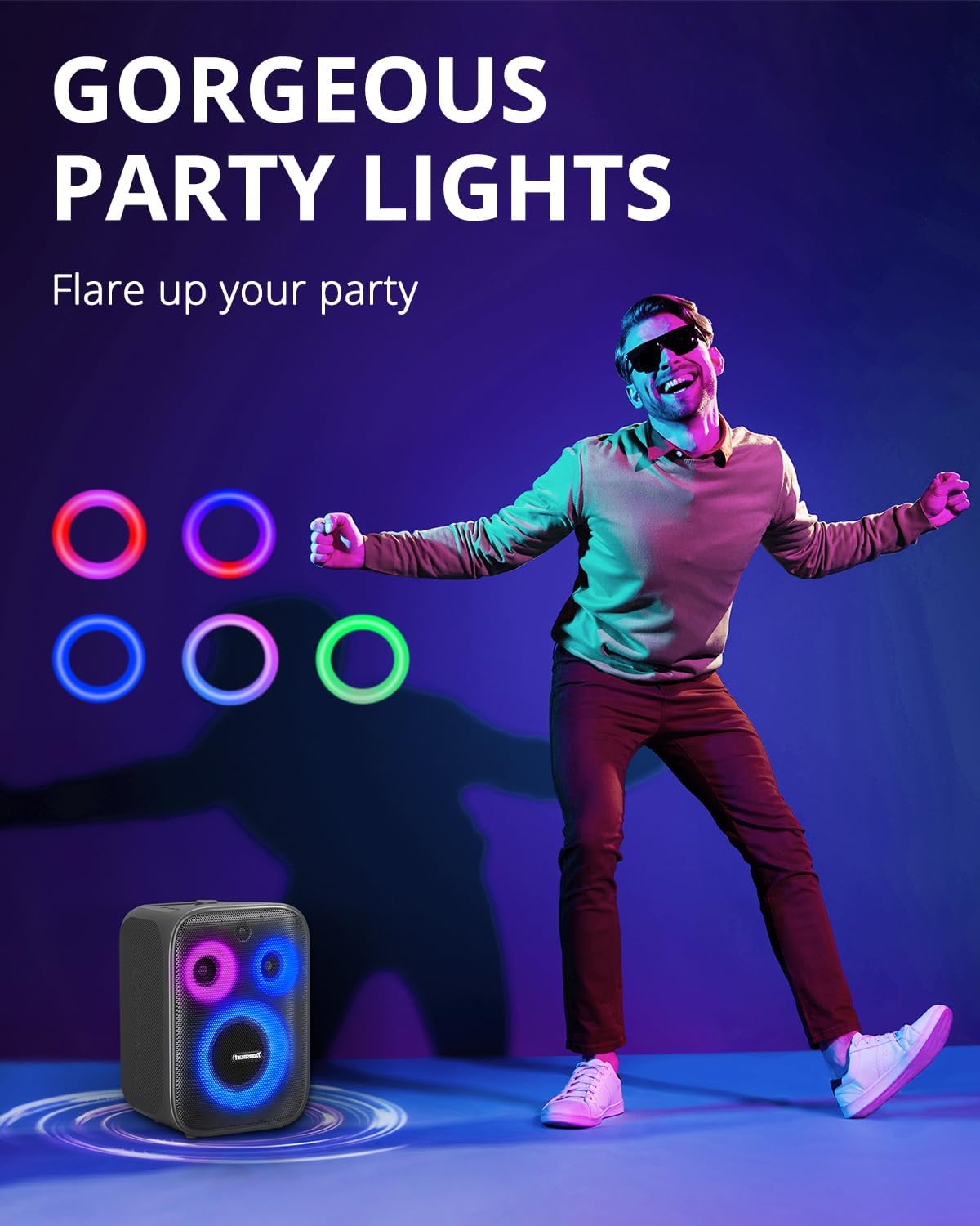 Tronsmart Halo 200 Bluetooth Speaker(No Microphone), Loud Speaker with Powerful Sound and Deep Bass, Party Sync, 5 Lighting Modes, Custom EQ &Lights, 18H Playtime, Supports Mic & Guitar for Party