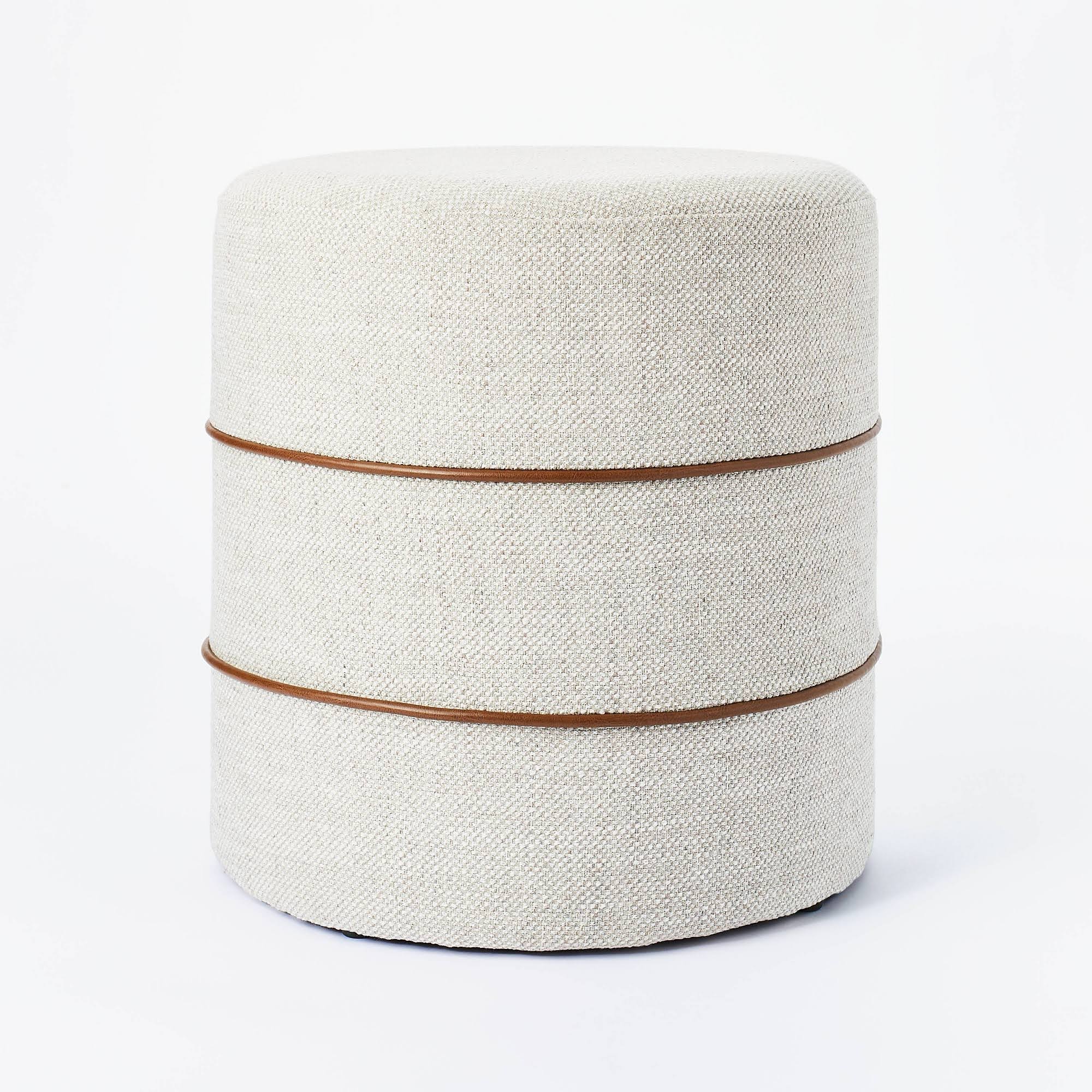 Catalina Round Ottoman Cream with Leather PIPING - Threshold Designed with Studio McGee